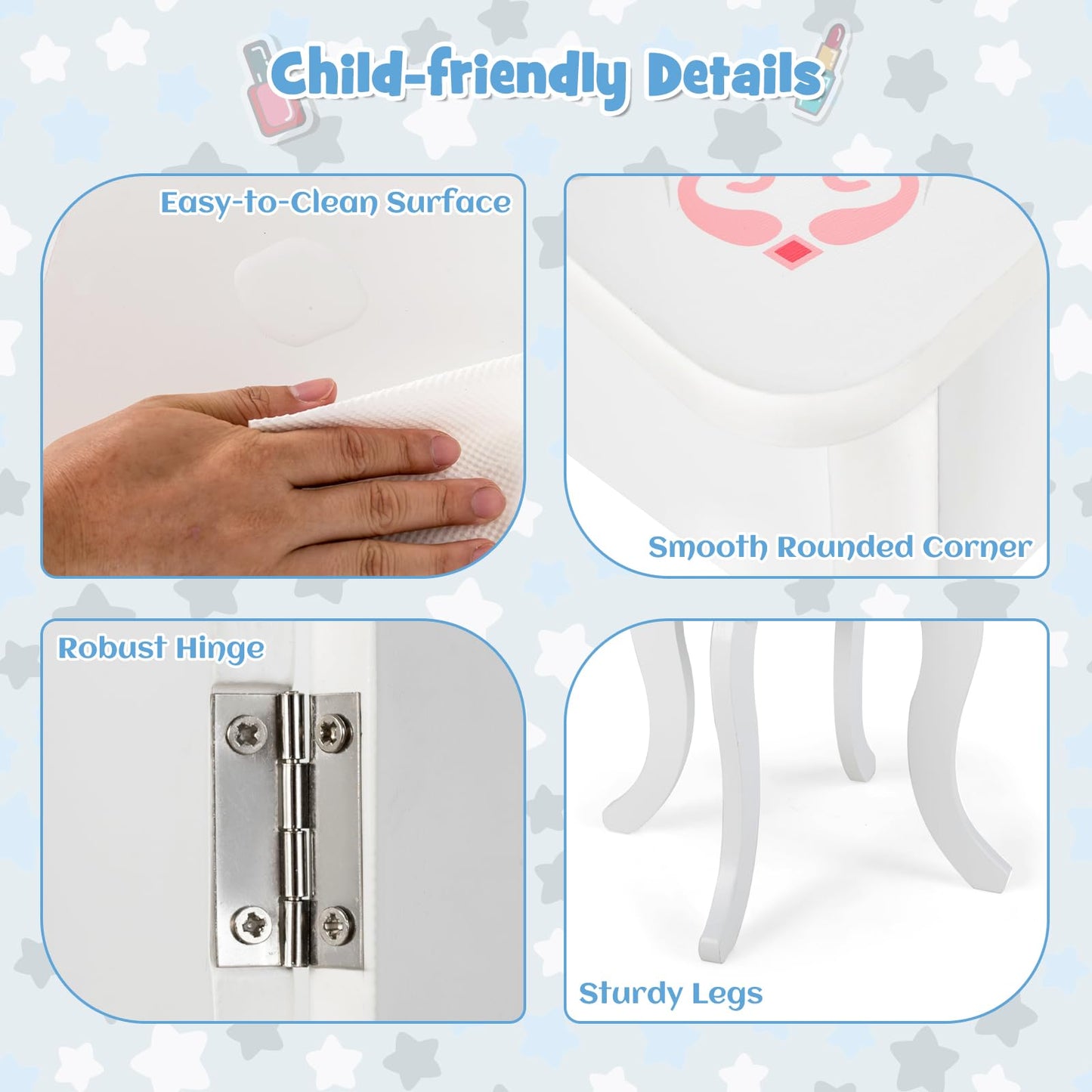 OLAKIDS Kids Vanity, 2 in 1 Princess Makeup Desk Set, Wooden Dressing Table, Pretend Play Vanity Set