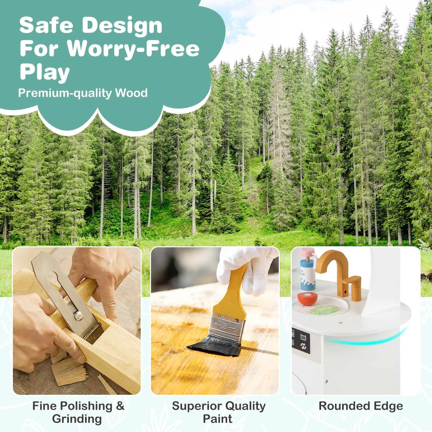 OLAKIDS Corner Kids Kitchen Playset, Toddler Wooden Pretend Cooking Set with Lights Sounds Coffee Machine Washing Machine