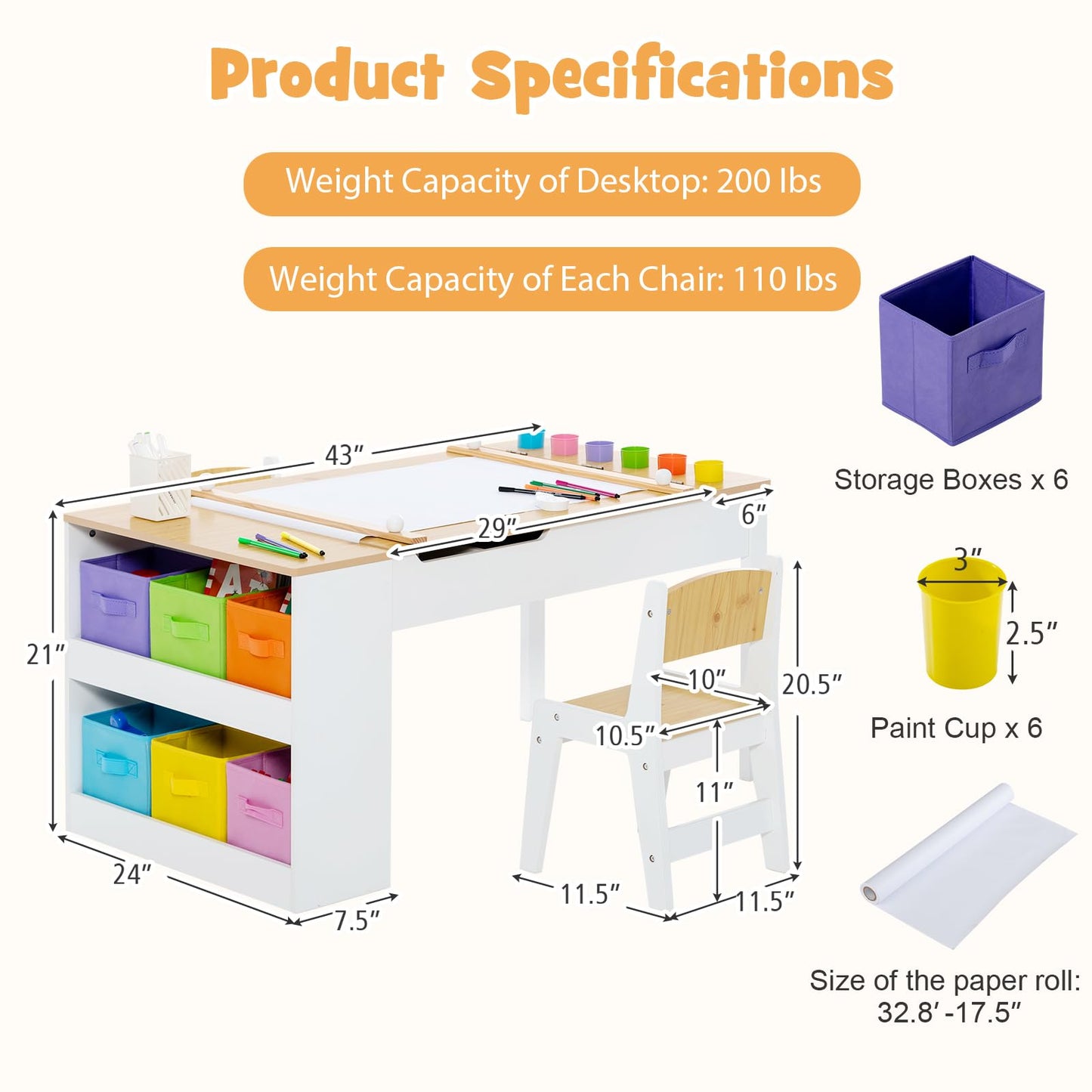 OLAKIDS 3 in 1 Kids Art Table and Chair Set, Toddler Craft Play Wood Activity Desk with 2 Chairs Storage Canvas Bins
