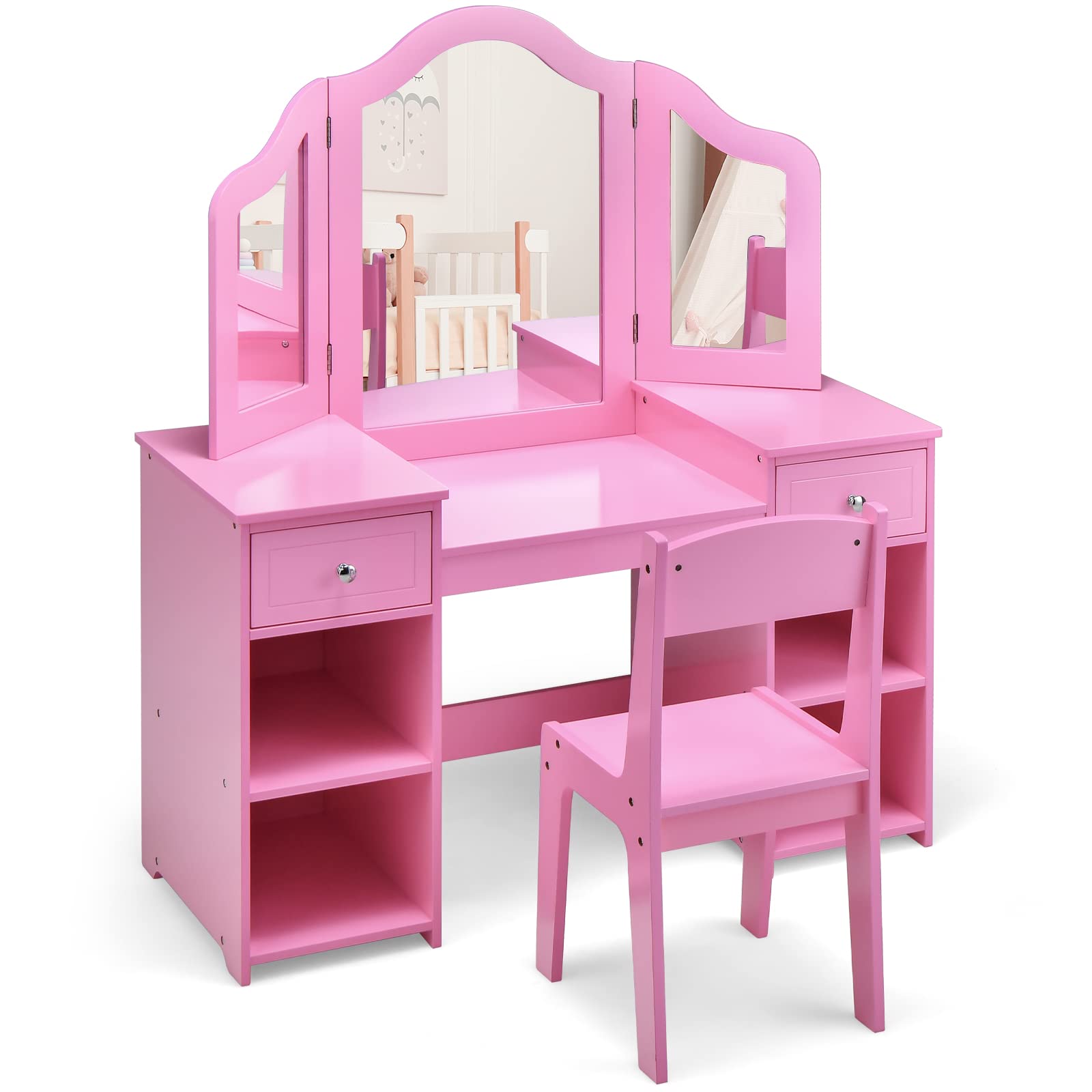 OLAKIDS Kids Vanity, 2 in 1 Princess Makeup Desk and Chair Set
