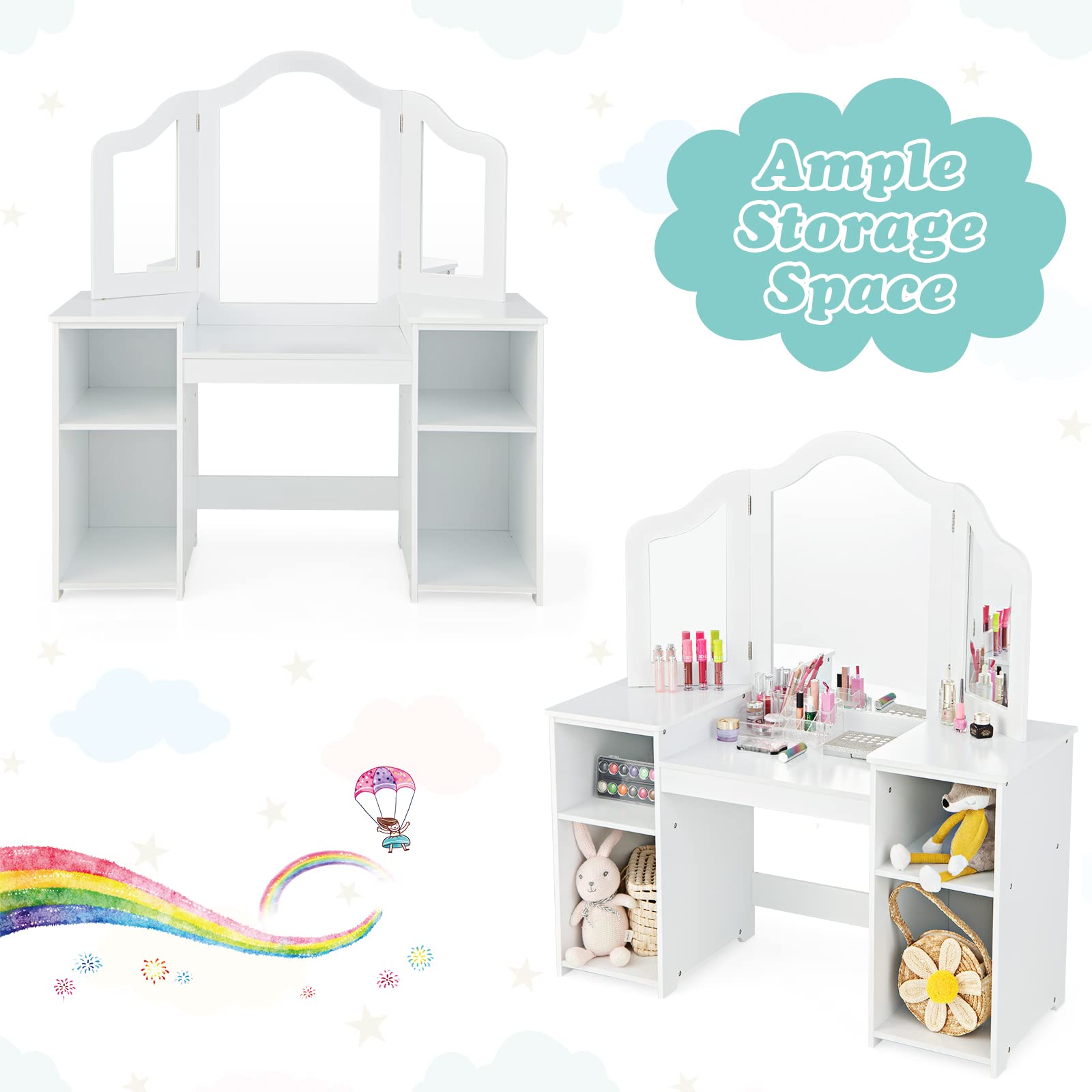 2 in 1 Princess Makeup Desk & Chair Set with Tri-Folding Detachable Mirror OLAKIDS