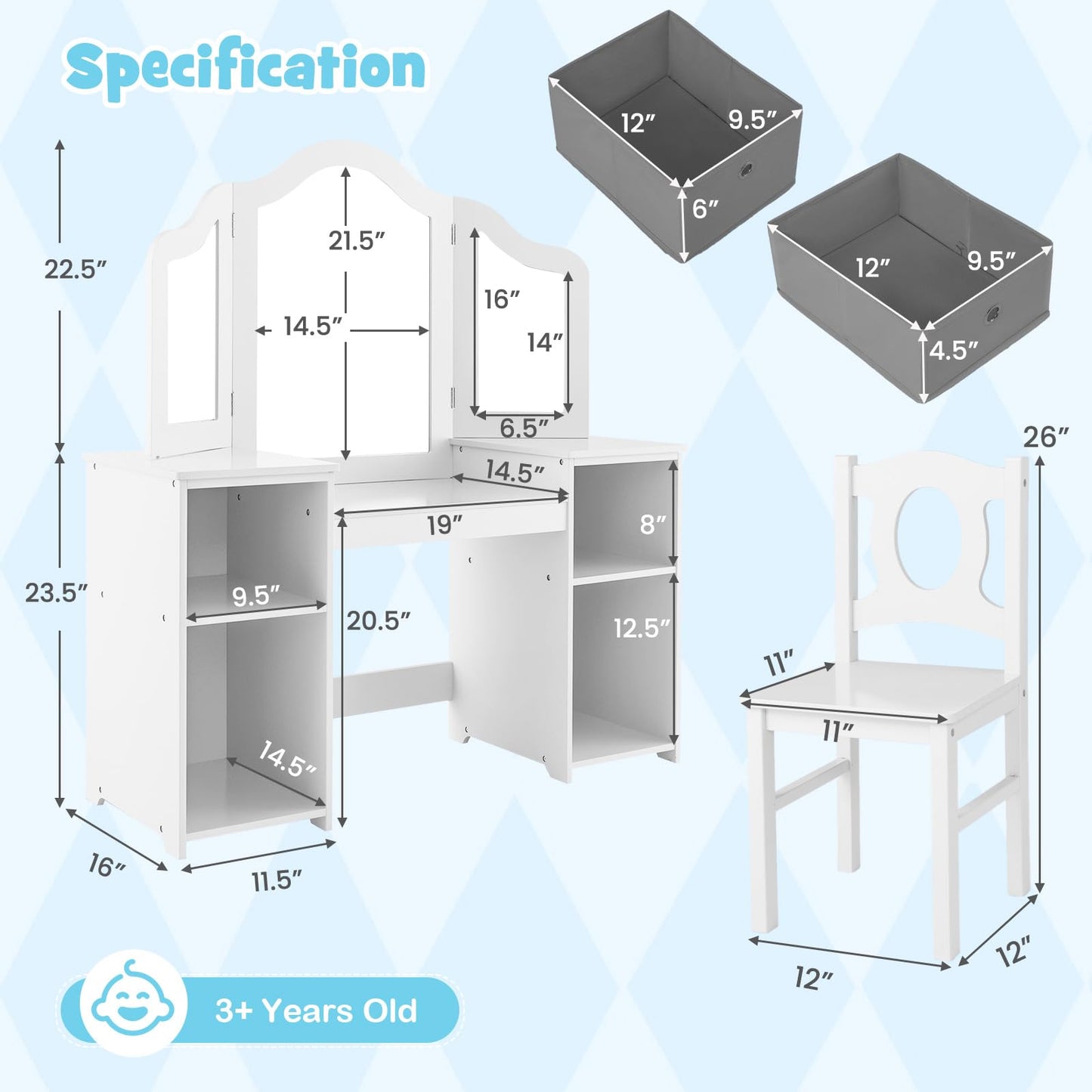 OLAKIDS Kids Vanity, 2 in 1 Princess Makeup Desk and Chair Set with 4 Drawers Tri-Folding Detachable Mirror, Wooden Dressing Table