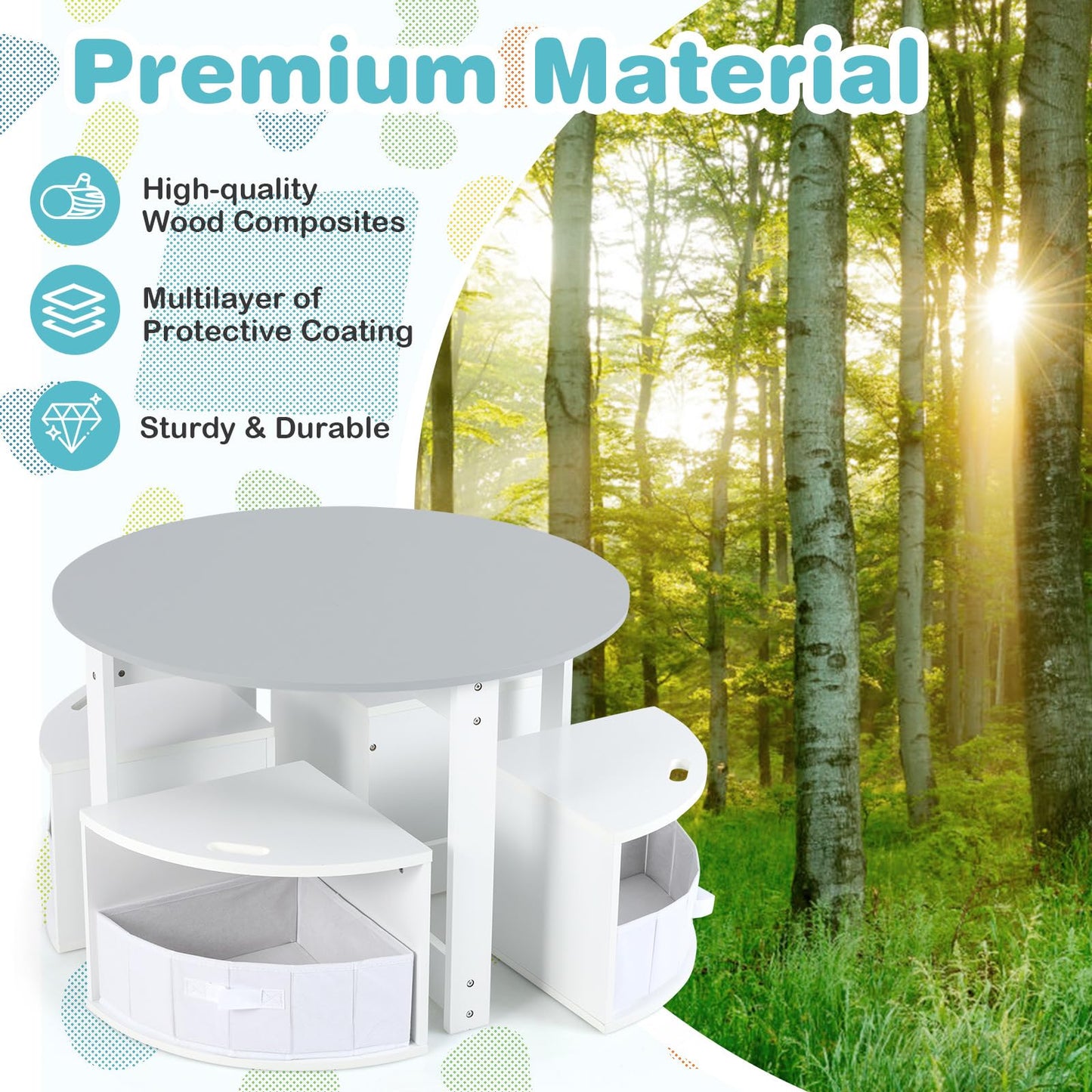 OLAKIDS Toddler Table and Chair Set, Wooden Table and 4 Chairs with Nesting Design, Children Multi-Activity Table