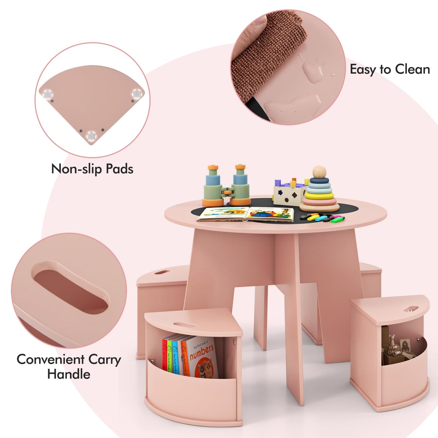 OLAKIDS Toddler Table and Chair Set with 4 Storage Stools, Wooden Flower Shaped Nesting Table with Blackboard Drawers