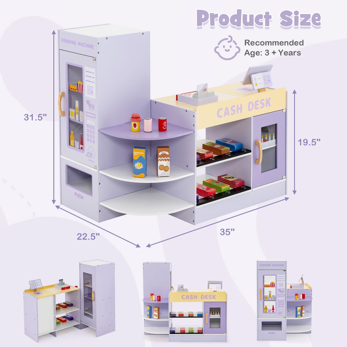 OLAKIDS Kids Grocery Store Playset, Wooden Supermarket Toy Set with Cash Register, Vending Machine, Pretend Play Store