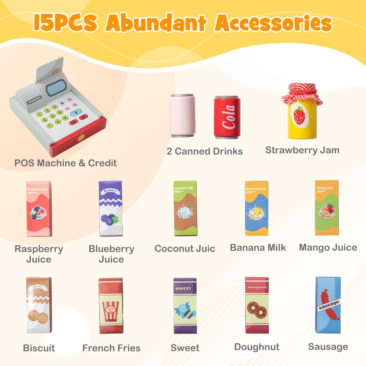 OLAKIDS Kids Grocery Store Playset, Wooden Supermarket Toy Set with Cash Register, Vending Machine, Pretend Play Store