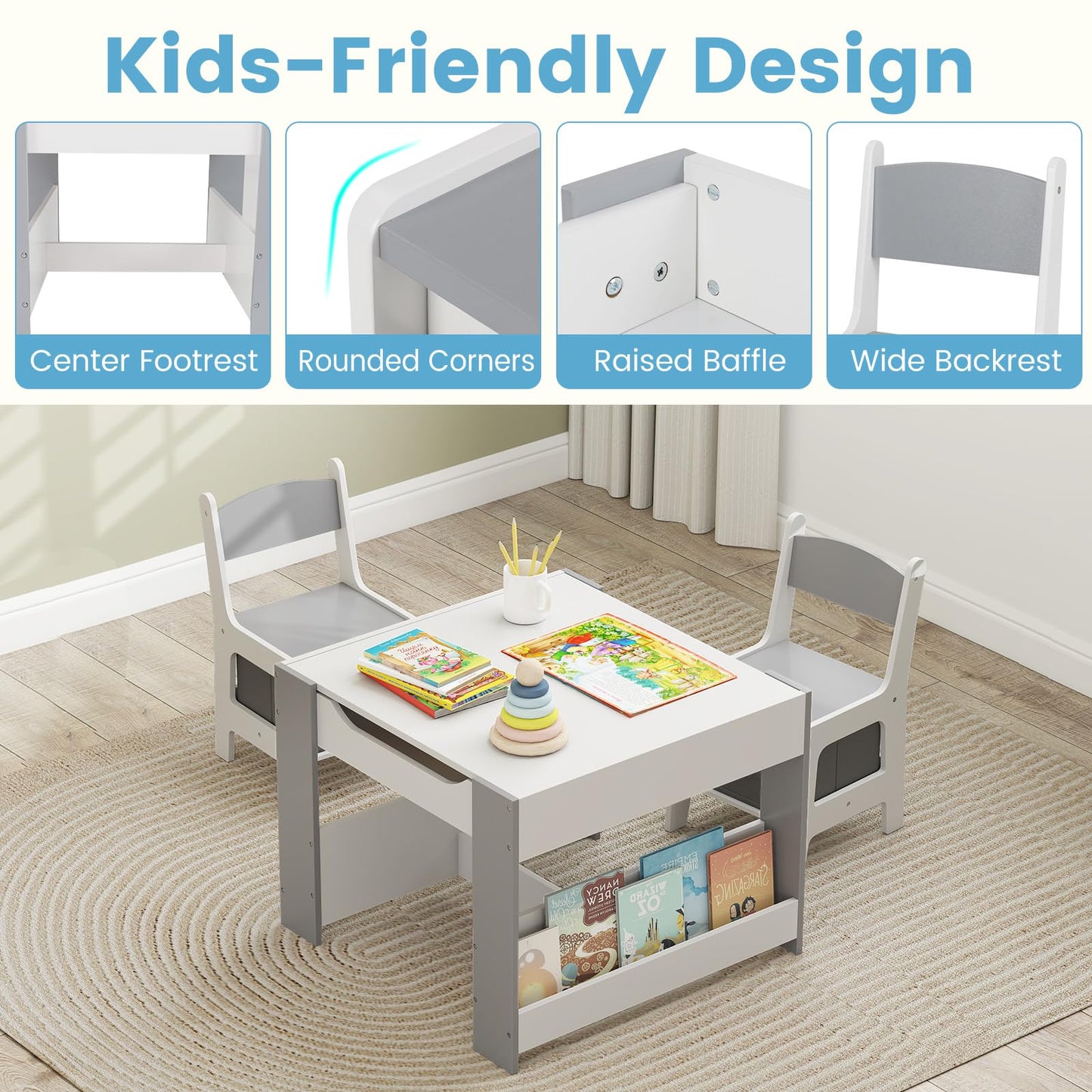 OLAKIDS Kids Table and Chair Set, 4 in 1 Building Block Wooden Activity Desk with Reversible Tabletop for Toddlers