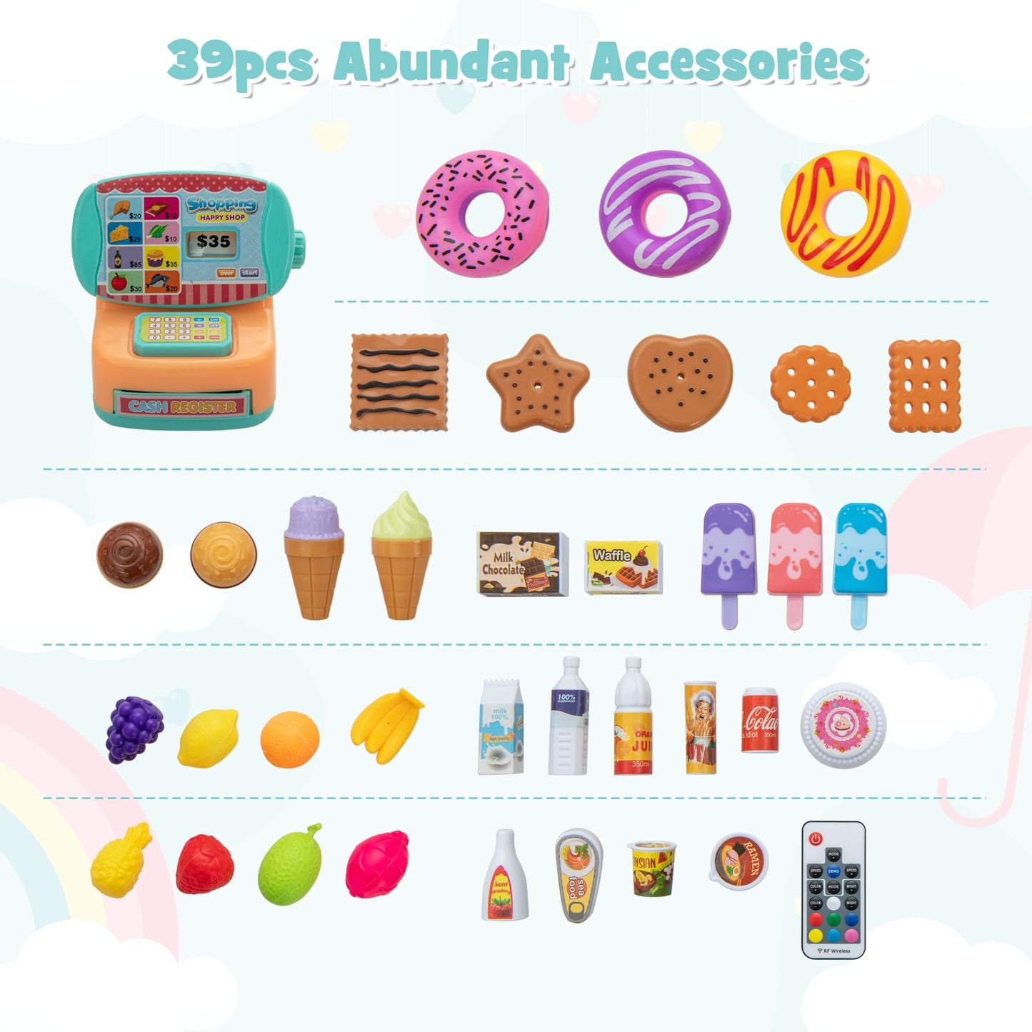 OLAKIDS Kids Grocery Store Playset, Wooden Pretend Play Supermarket with LED Lights, Market Stand Toy