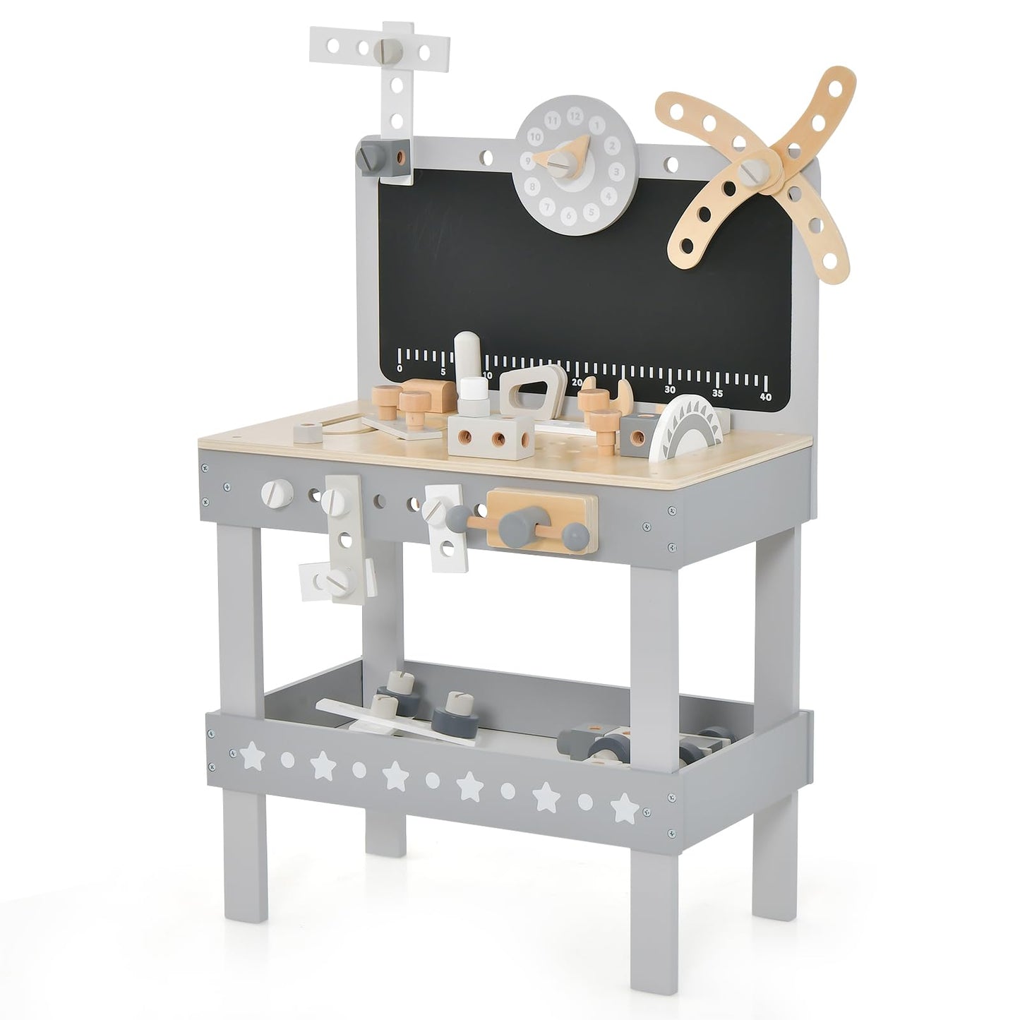 OLAKIDS Tool Bench Set for Toddlers, Kids Wooden Workbench with Blackboard Construction Building Tools and 62 Accessories