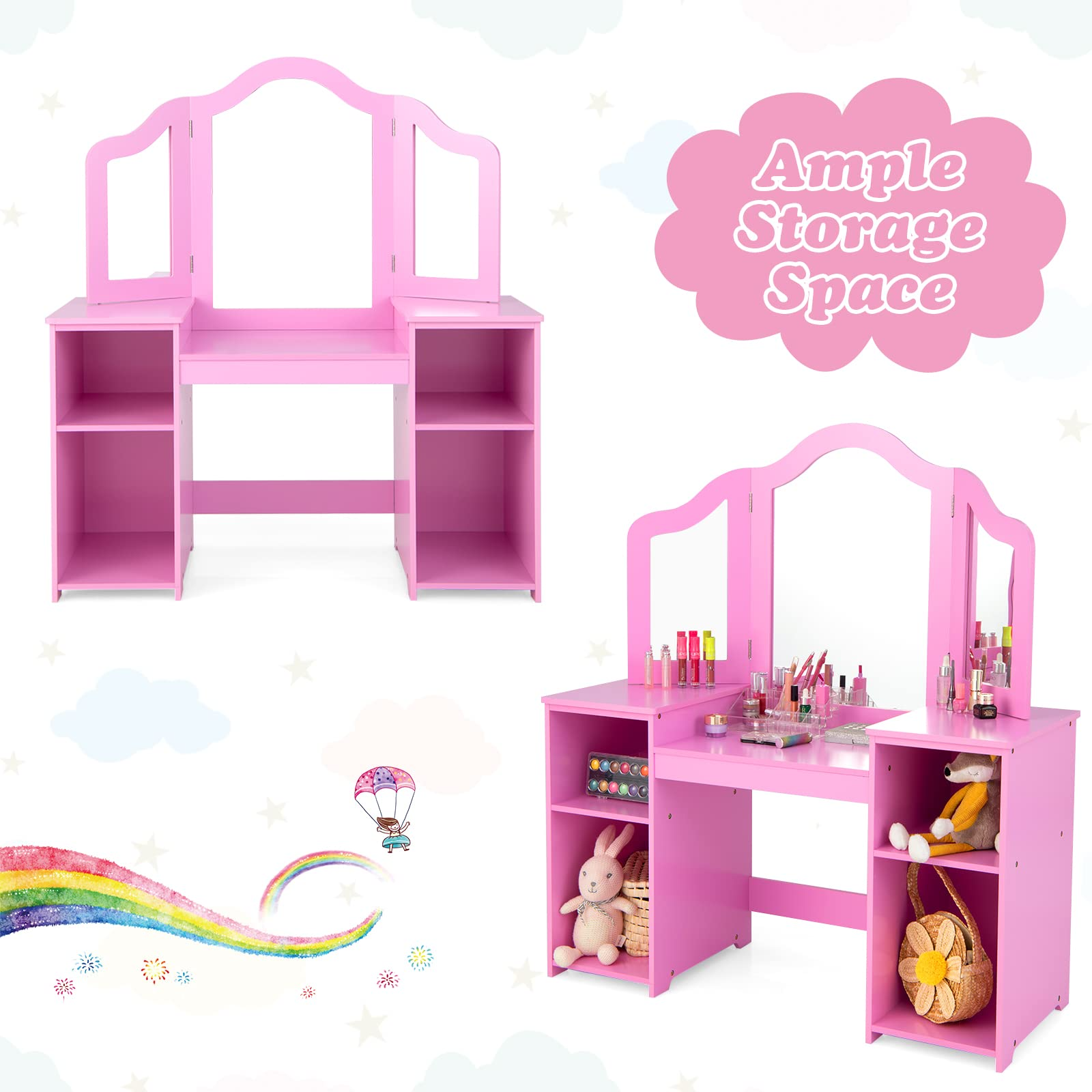 2 in 1 Princess Makeup Desk & Chair Set with Tri-Folding Detachable Mirror OLAKIDS
