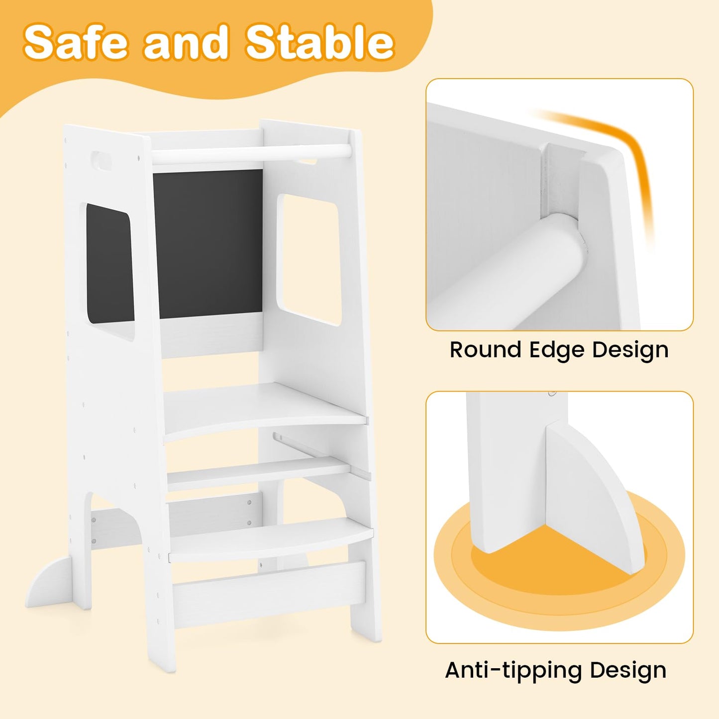 OLAKIDS Toddler Standing Tower, Kids Montessori Kitchen Step Stool Helper with 2 Adjustable Height Learning Blackboard Safety Rail