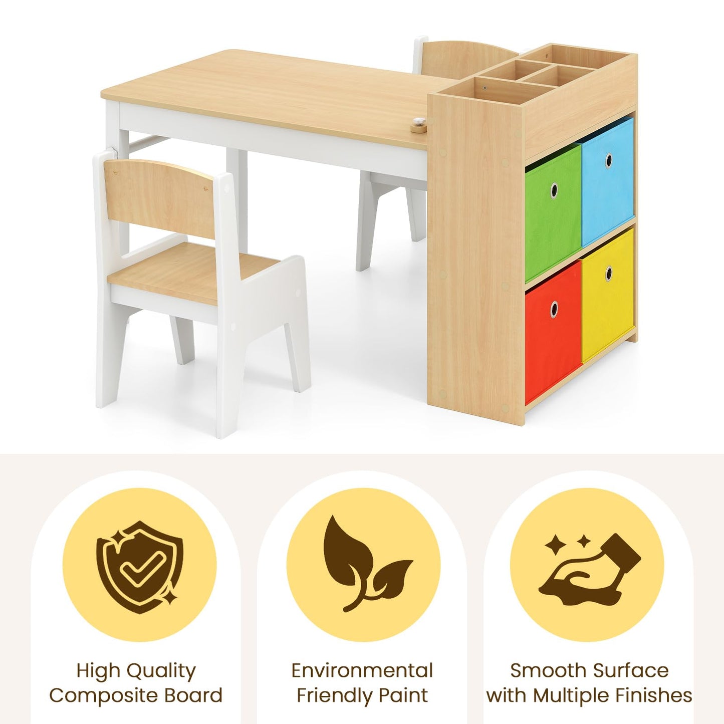OLAKIDS Kids Table and Chair Set, Toddler Art Craft Play Wood Activity Desk with 2 Chairs 4 Storage Canvas Bins Paper Roll
