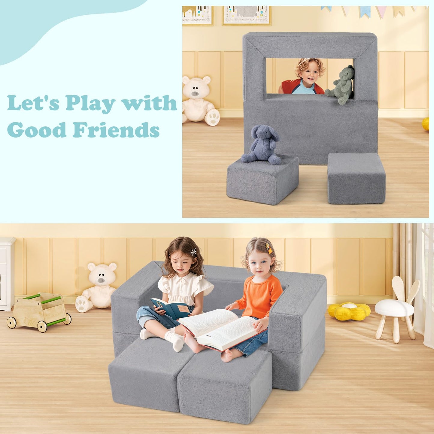OLAKIDS Modular Kids Play Couch, Toddler Sectional Fort Building Sofa for Playroom, Bedroom, Convertible Soft Foam Furniture