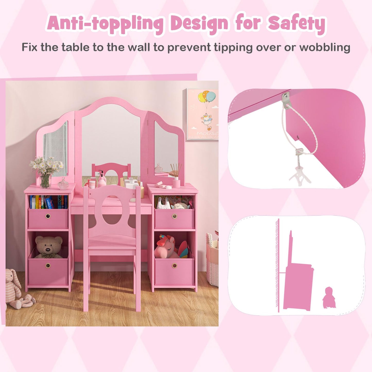 OLAKIDS Kids Vanity, 2 in 1 Princess Makeup Desk and Chair Set with 4 Drawers Tri-Folding Detachable Mirror, Wooden Dressing Table