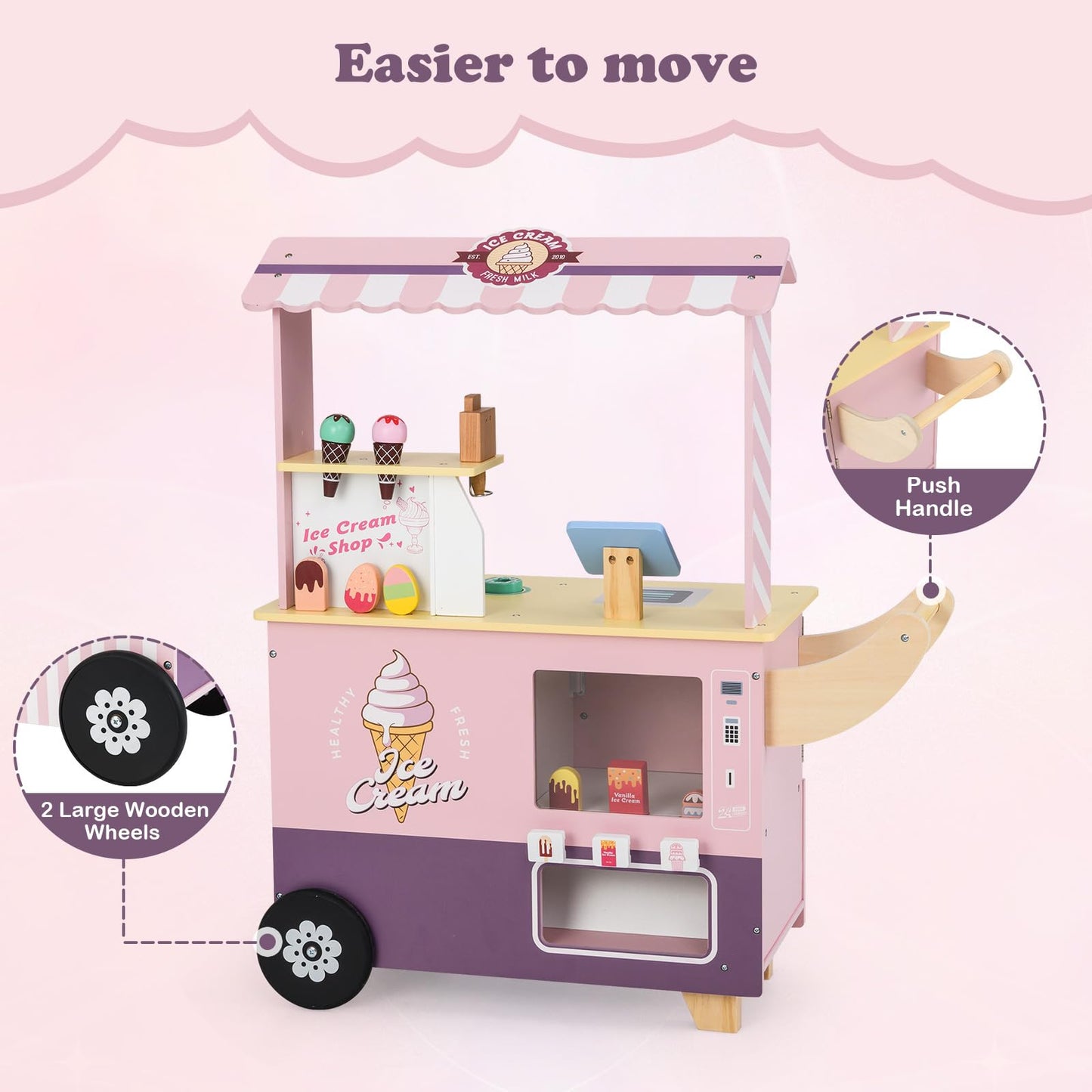 OLAKIDS Ice Cream Cart Grocery Store Marketplace Toy, Market Stand Shop Pretend Play Set with Accessories Gift for Ages 3+