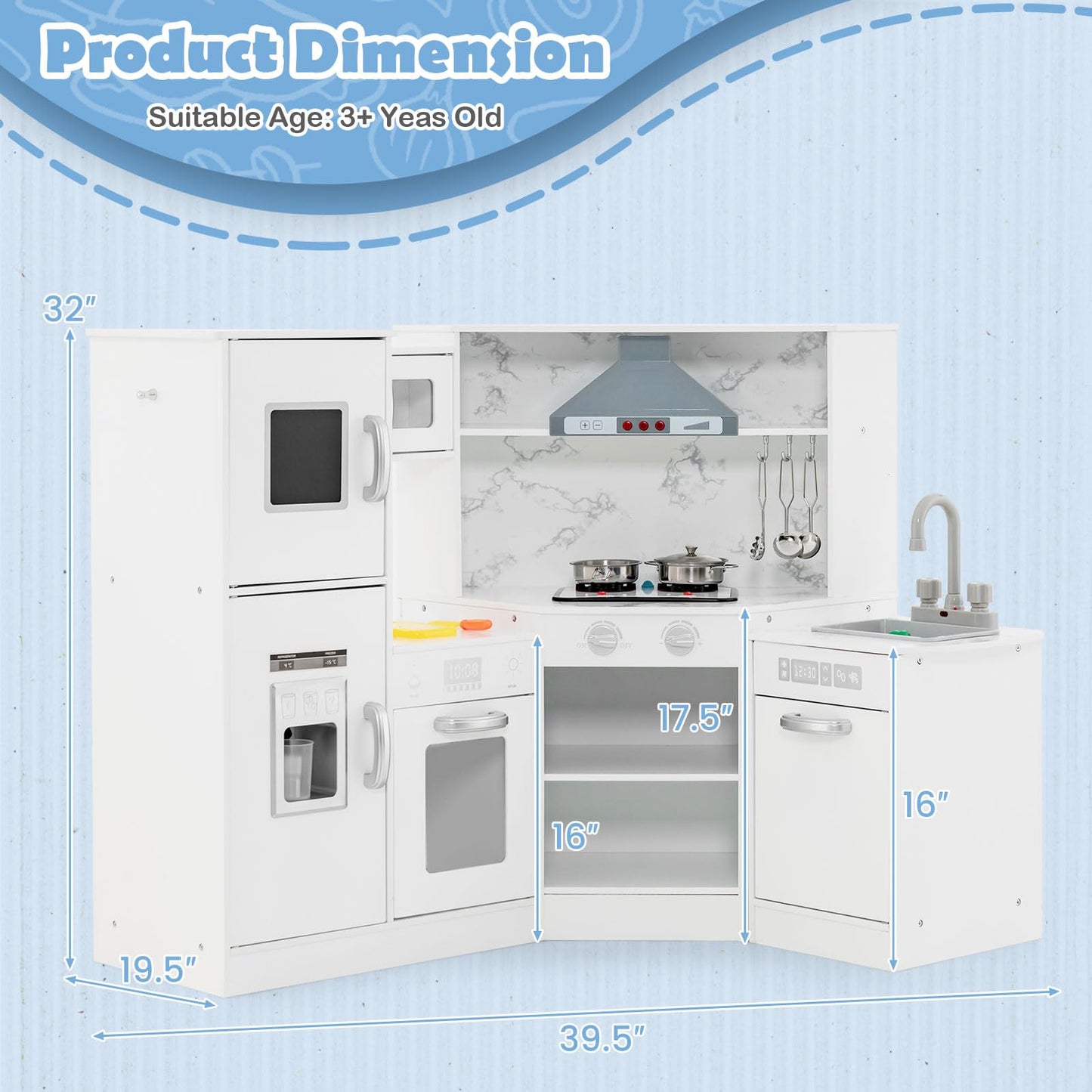 OLAKIDS Corner Kids Kitchen Playset, Toddler Wooden Pretend Cooking Set with Realistic Light Sound Stove