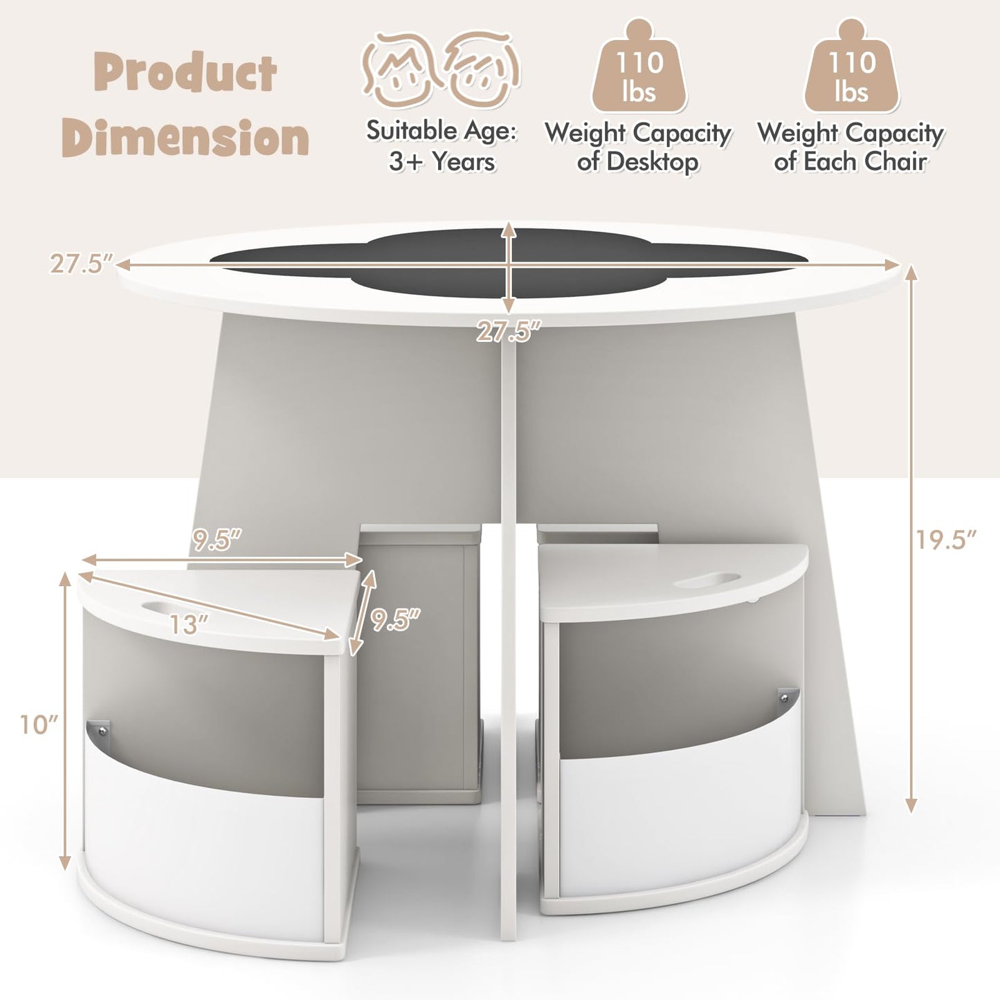OLAKIDS Toddler Table and Chair Set with 4 Storage Stools, Wooden Flower Shaped Nesting Table with Blackboard Drawers