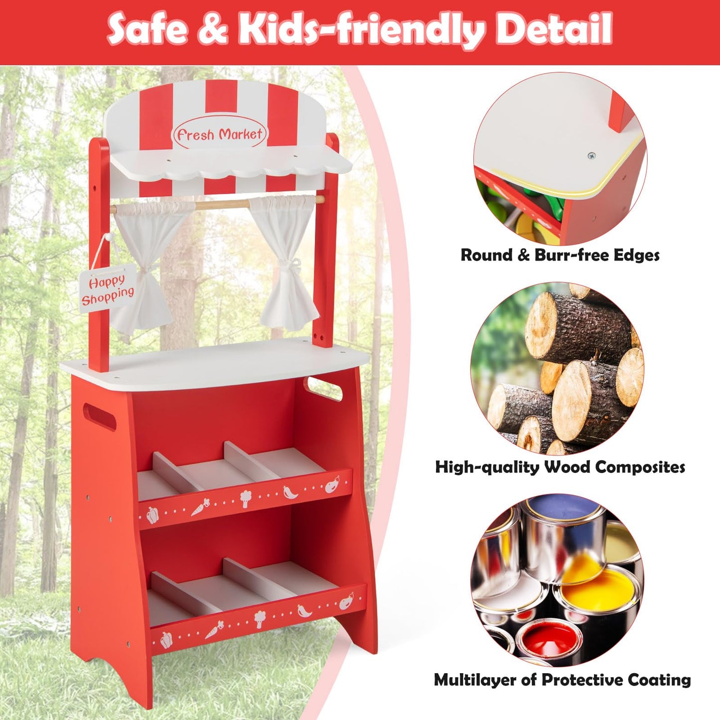 OLAKIDS Grocery Store Marketplace Toy for Kids, Wooden Market Stand Pretend Play Set with 36 Cutting Vegetables Fruits Pieces