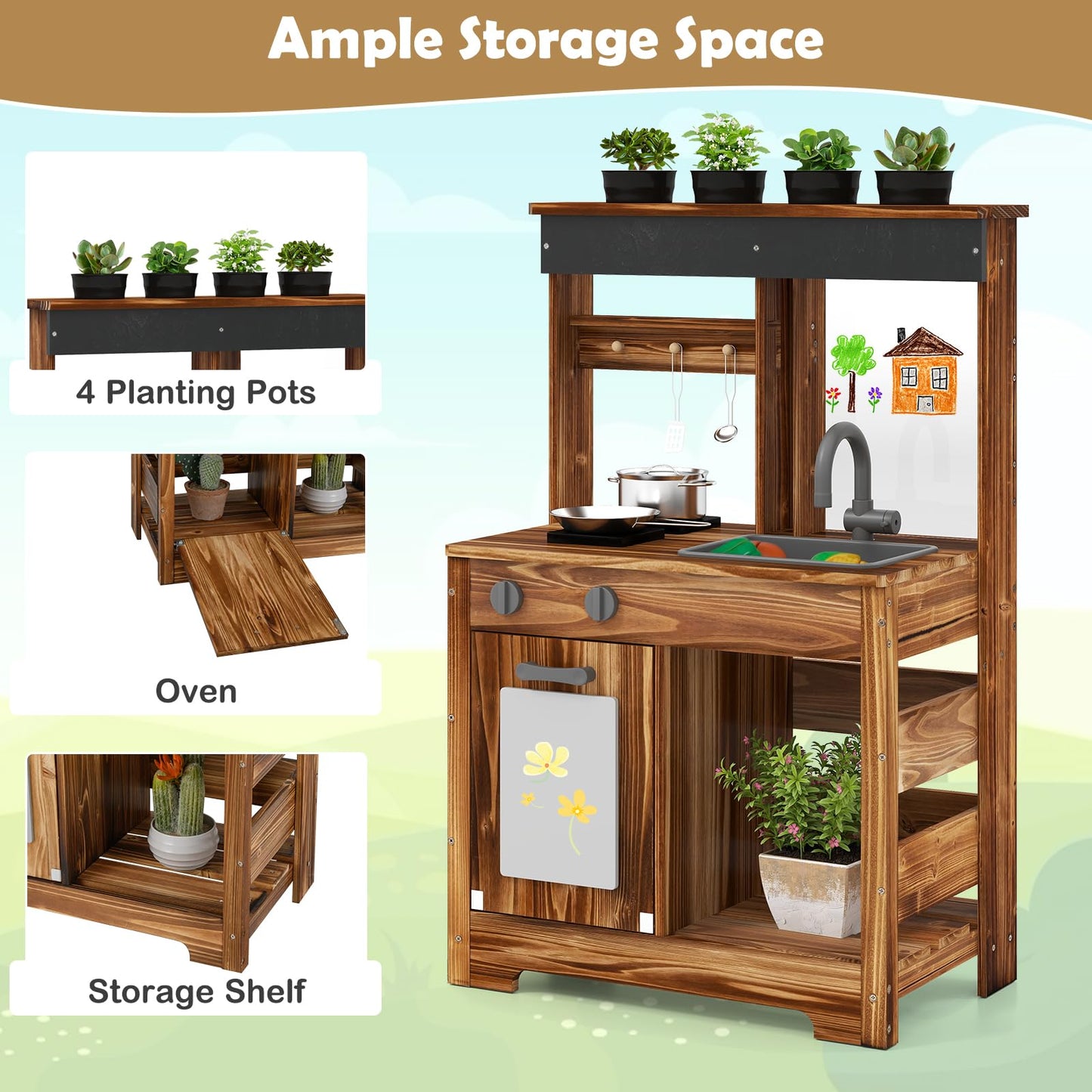 OLAKIDS Mud Kitchen, Outdoor Play Kitchen with Drawing Board, Cooking Accessories, Wooden Kids Kitchen Playset