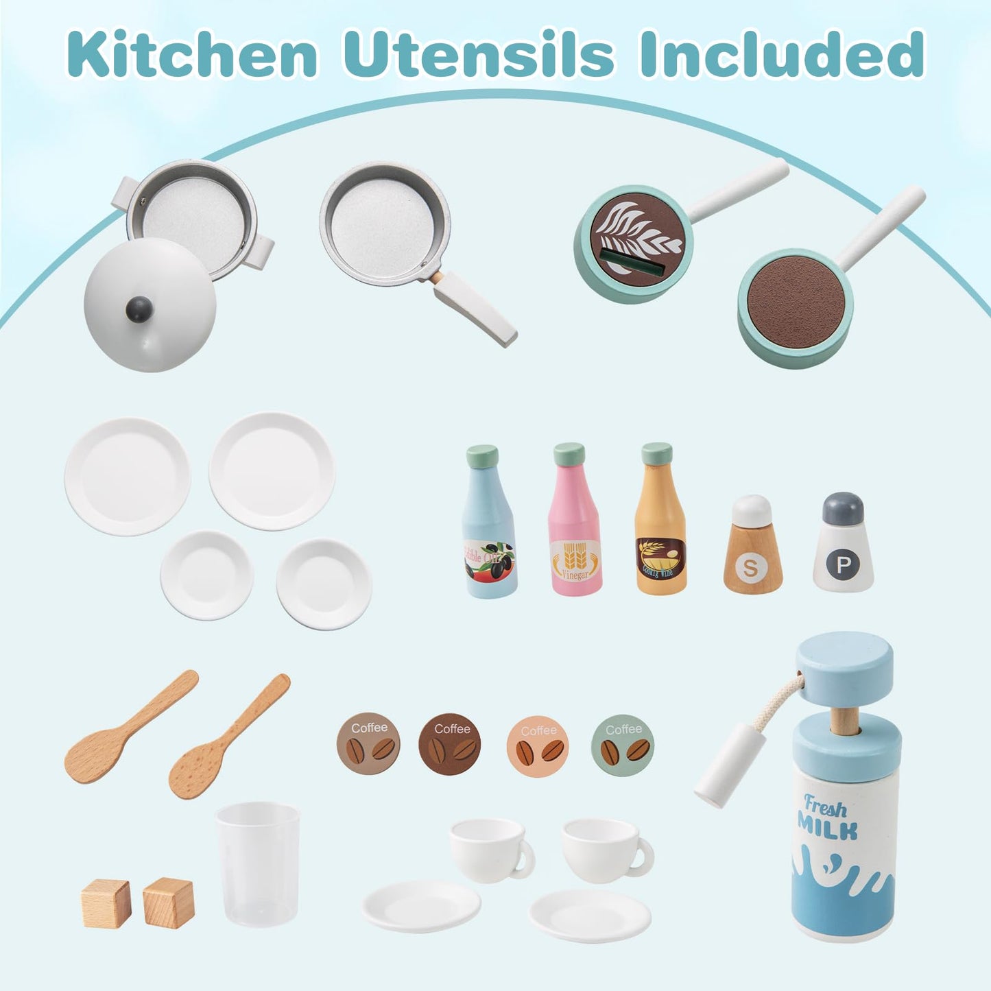 OLAKIDS Kids Kitchen Playset, Toddler Wooden Kitchen Pretend Cooking Toy Set with Coffee Maker