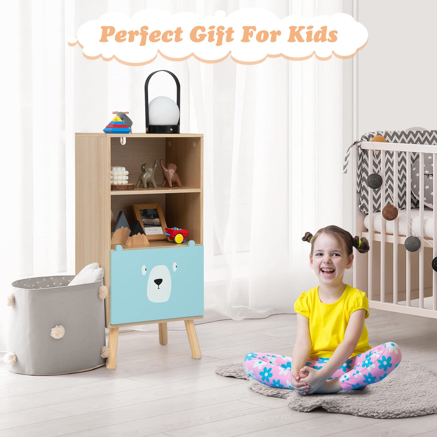 OLAKIDS Kids Bookcase Toy Storage Organizer, Children Storage Cabinet with Slide Drawer and 2 Cubes