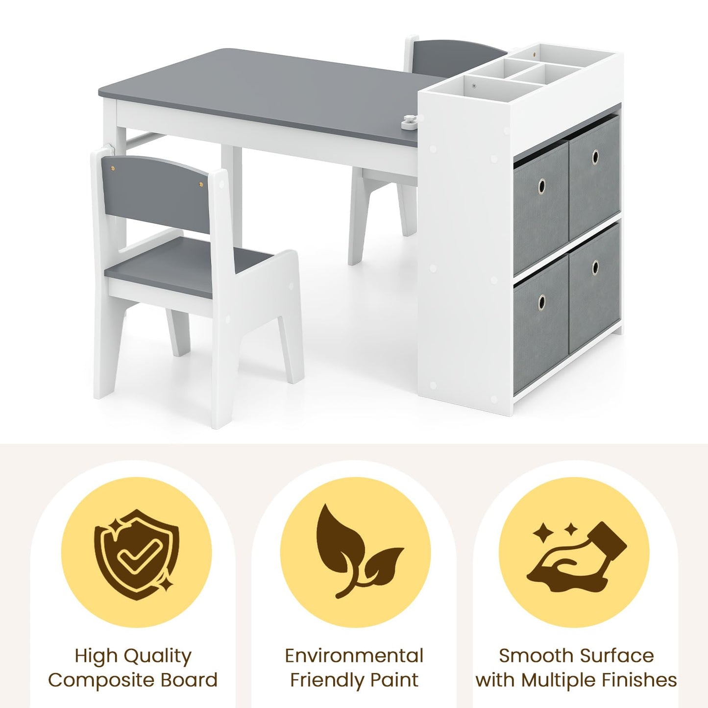 OLAKIDS Kids Table and Chair Set, Toddler Art Craft Play Wood Activity Desk with 2 Chairs 4 Storage Canvas Bins Paper Roll