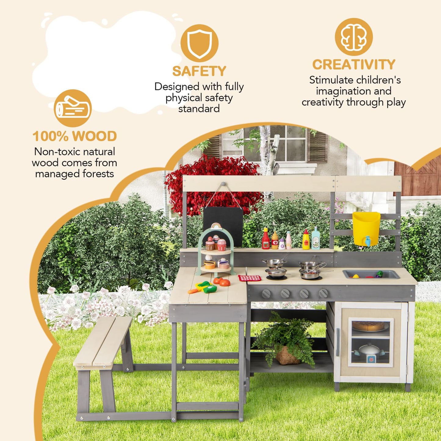 OLAKIDS Mud Kitchen, Outdoor Play Kitchen with Faucet Chalkboard Stoves Removable Sink Cooking Accessories Wooden Kids Kitchen Playset