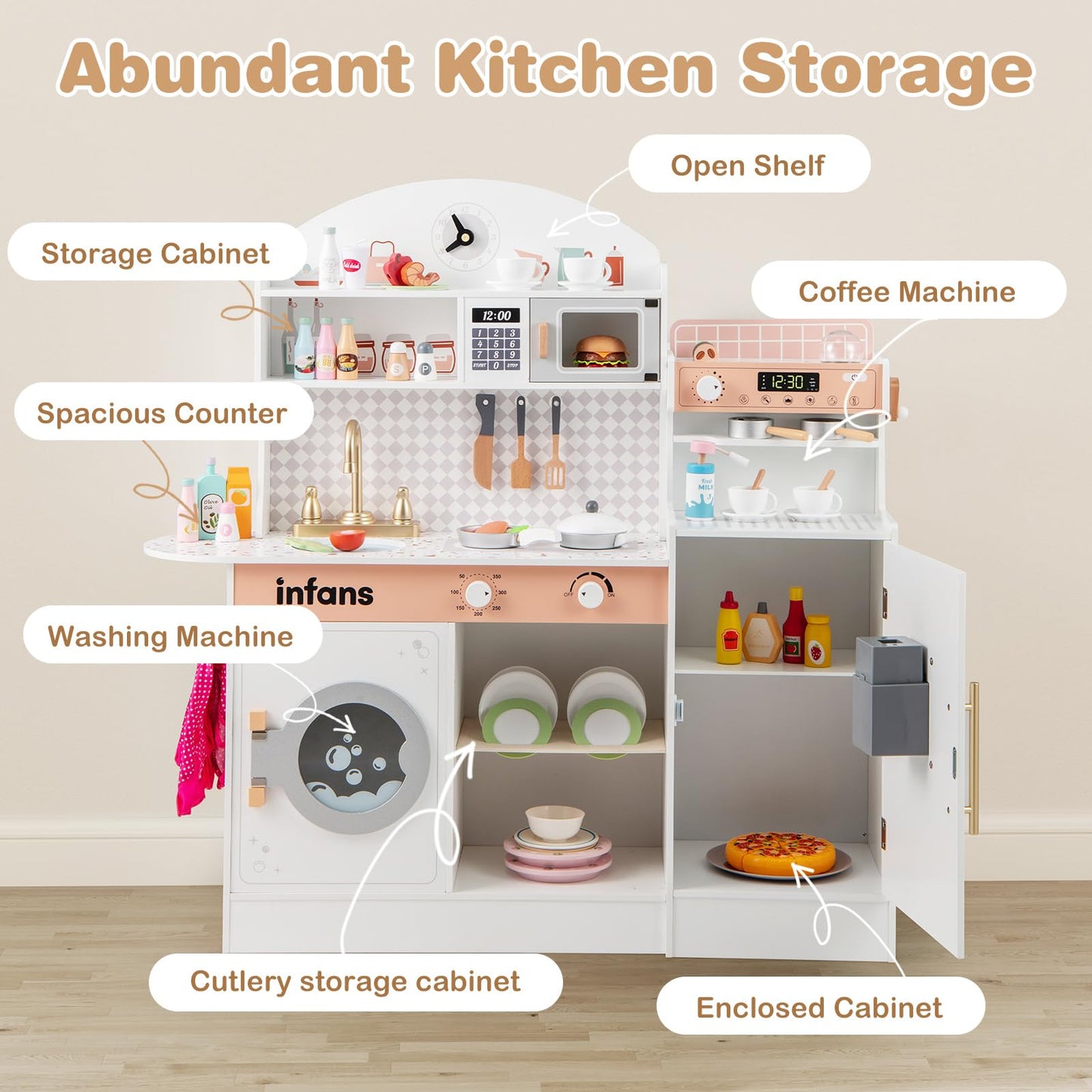 OLAKIDS Kids Kitchen Playset, Toddler Wooden Kitchen Pretend Cooking Toy Set with Coffee Maker