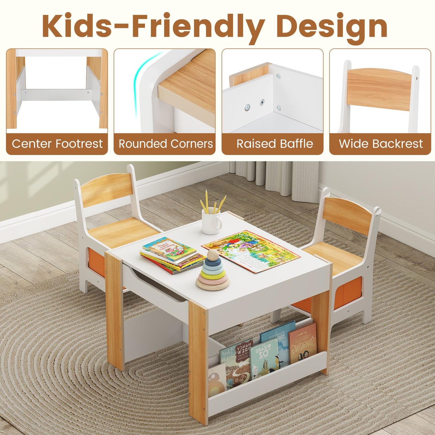 OLAKIDS Kids Table and Chair Set, 4 in 1 Building Block Wooden Activity Desk with Reversible Tabletop for Toddlers