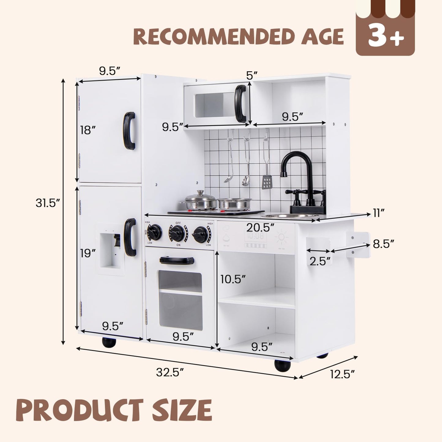 OLAKIDS Play Kitchen for Kids, Wooden Kids Play Kitchen Playset with Realistic Light & Sounds, Children Pretend Cooking Toy Set