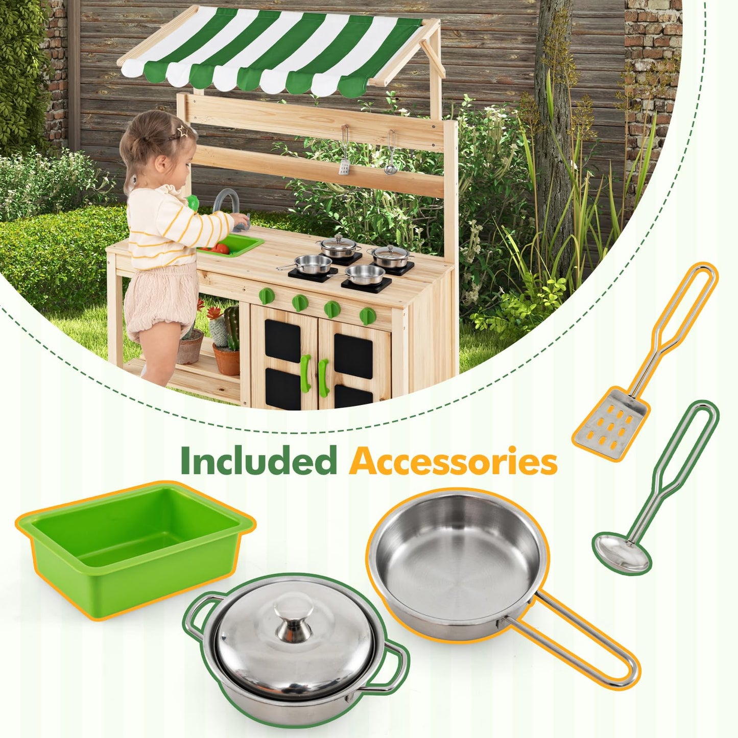 OLAKIDS Mud Kitchen, Play Kitchen with Awning Faucet Stoves, Wooden Kids Kitchen Playset