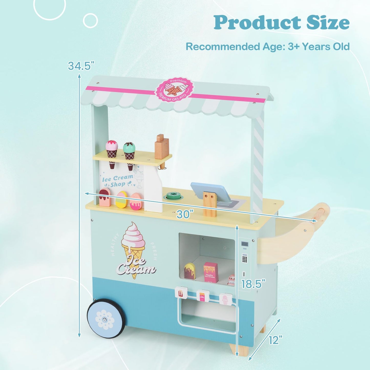 OLAKIDS Ice Cream Cart Grocery Store Marketplace Toy, Market Stand Shop Pretend Play Set with Accessories Gift for Ages 3+