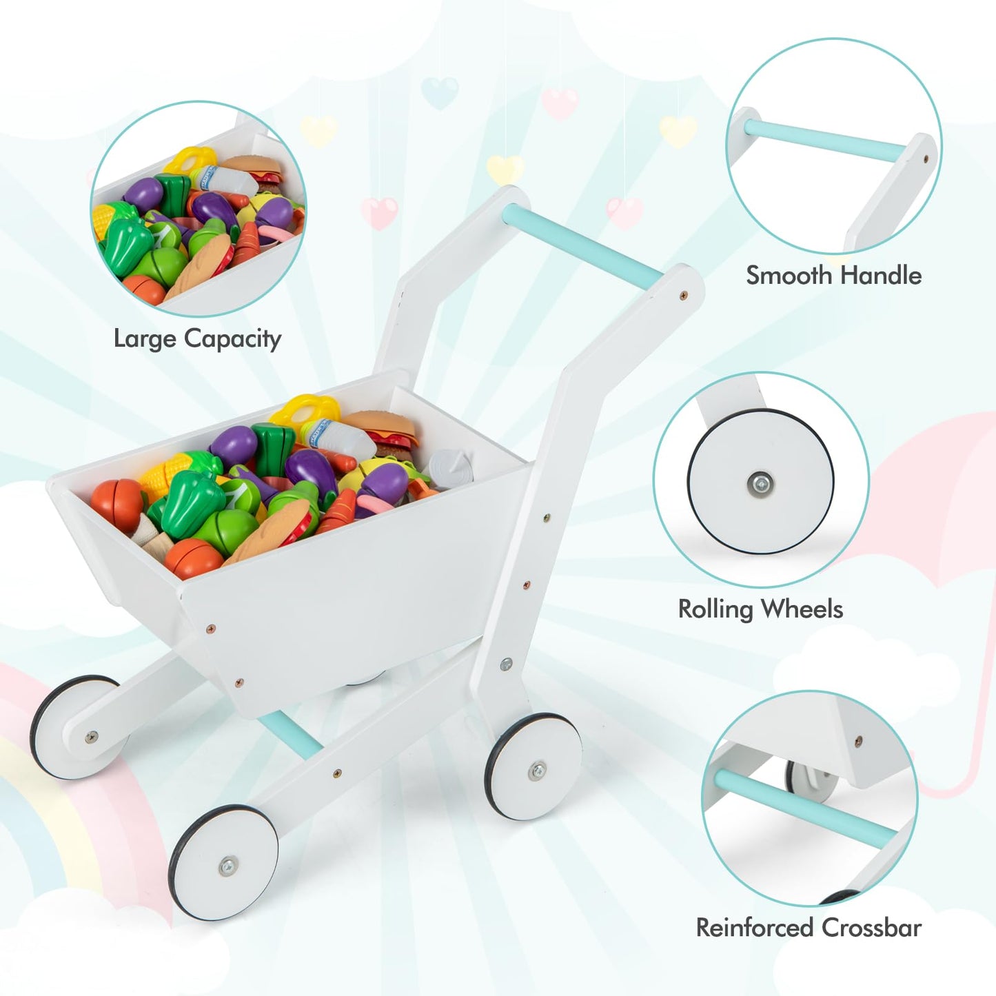 OLAKIDS Kids Grocery Store Playset, Wooden Pretend Play Supermarket with LED Lights, Market Stand Toy