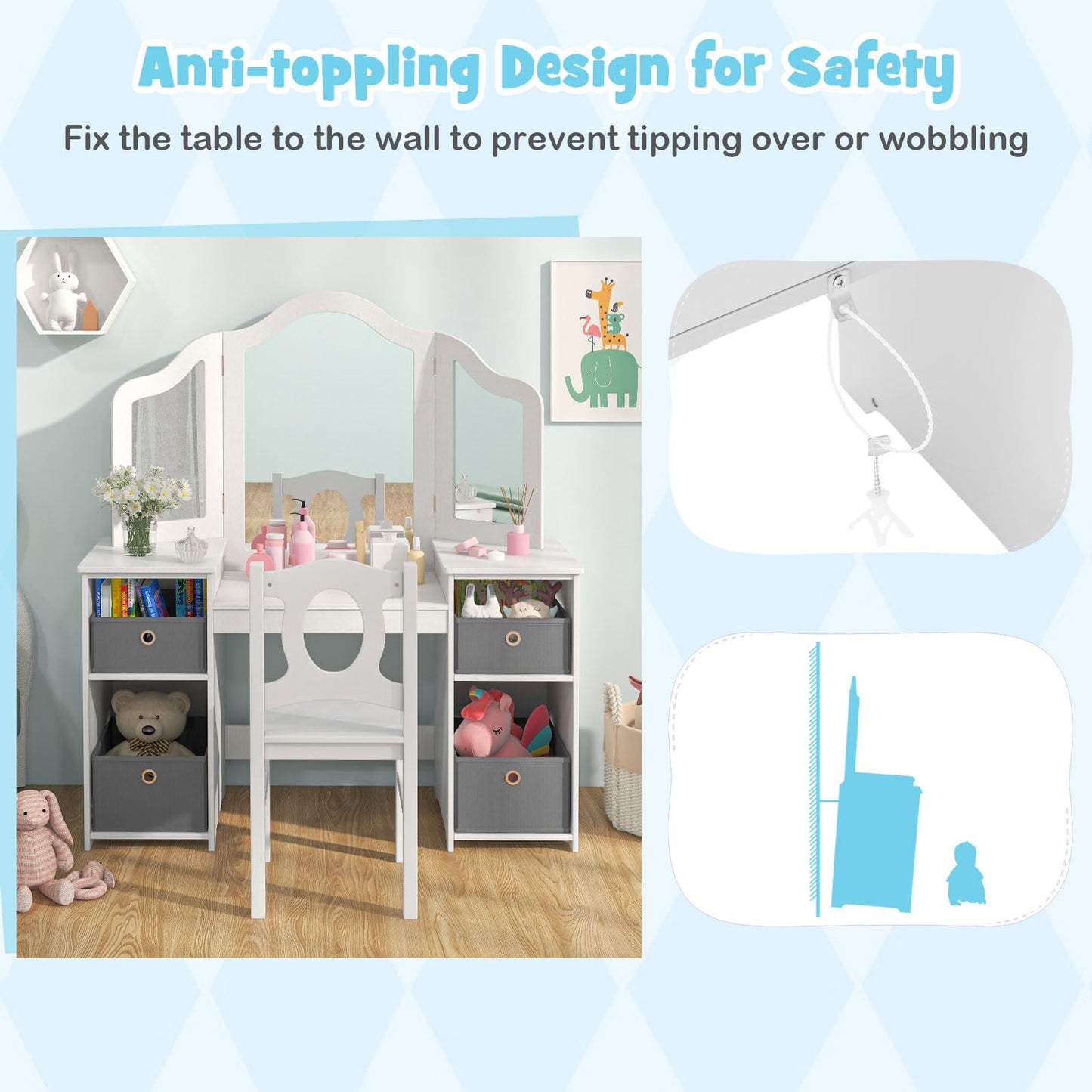 OLAKIDS Kids Vanity, 2 in 1 Princess Makeup Desk and Chair Set with 4 Drawers Tri-Folding Detachable Mirror, Wooden Dressing Table