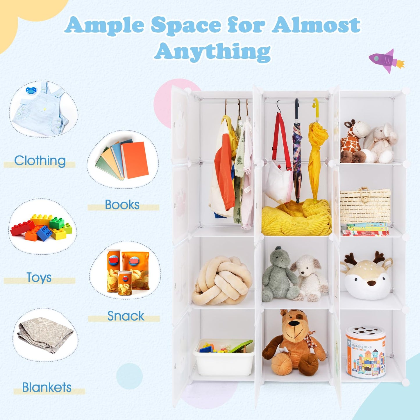 OLAKIDS Children Wardrobe, Kid Closet Portable Baby Dresser Cute for Kids Bedroom Nursery Armoire with Doors