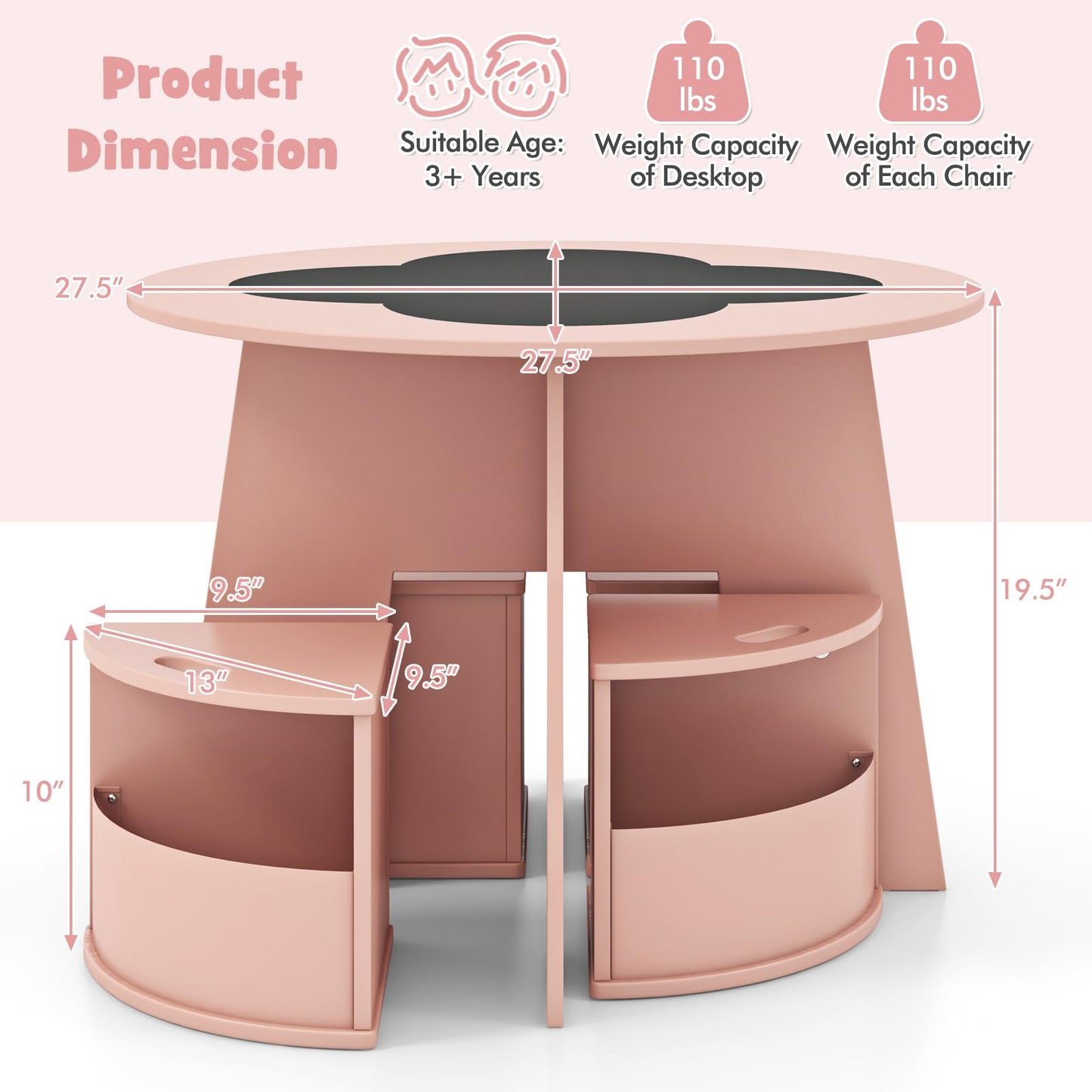 OLAKIDS Toddler Table and Chair Set with 4 Storage Stools, Wooden Flower Shaped Nesting Table with Blackboard Drawers