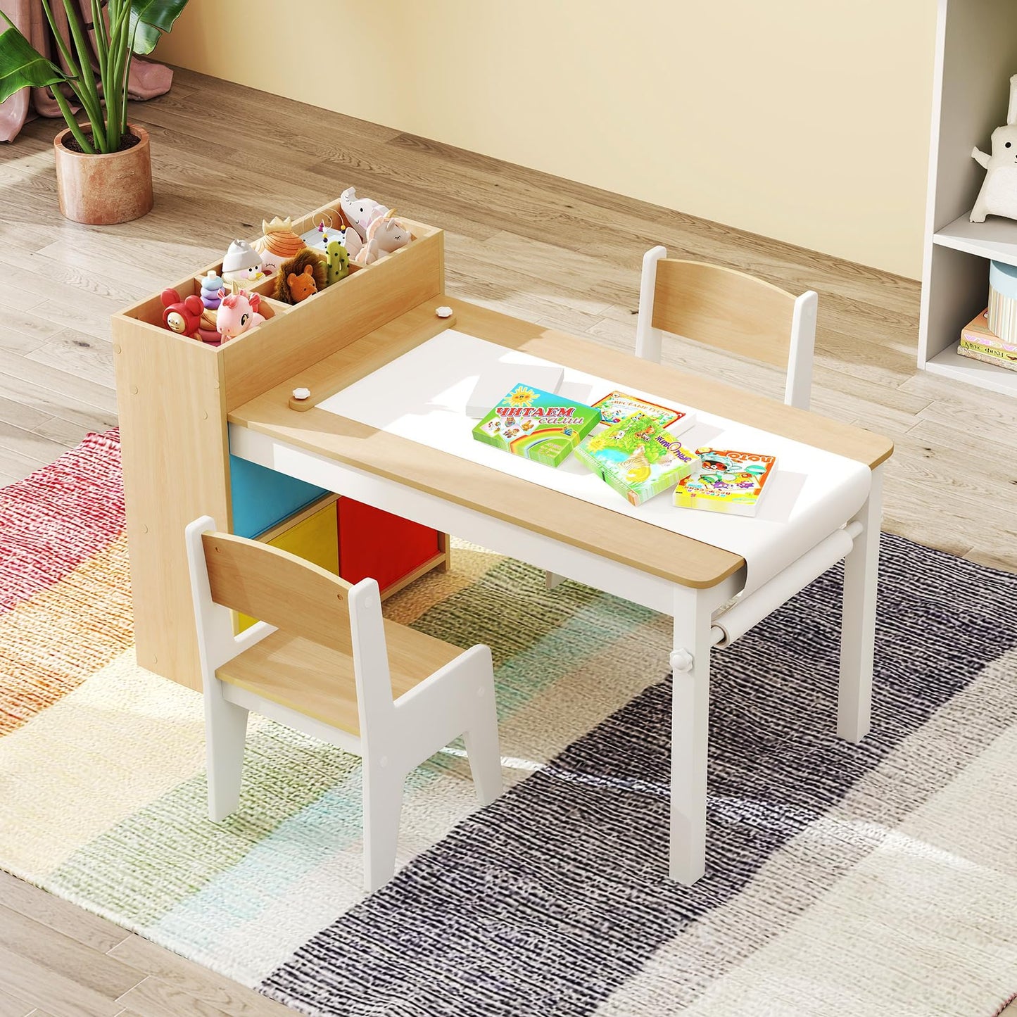 OLAKIDS Kids Table and Chair Set, Toddler Art Craft Play Wood Activity Desk with 2 Chairs 4 Storage Canvas Bins Paper Roll
