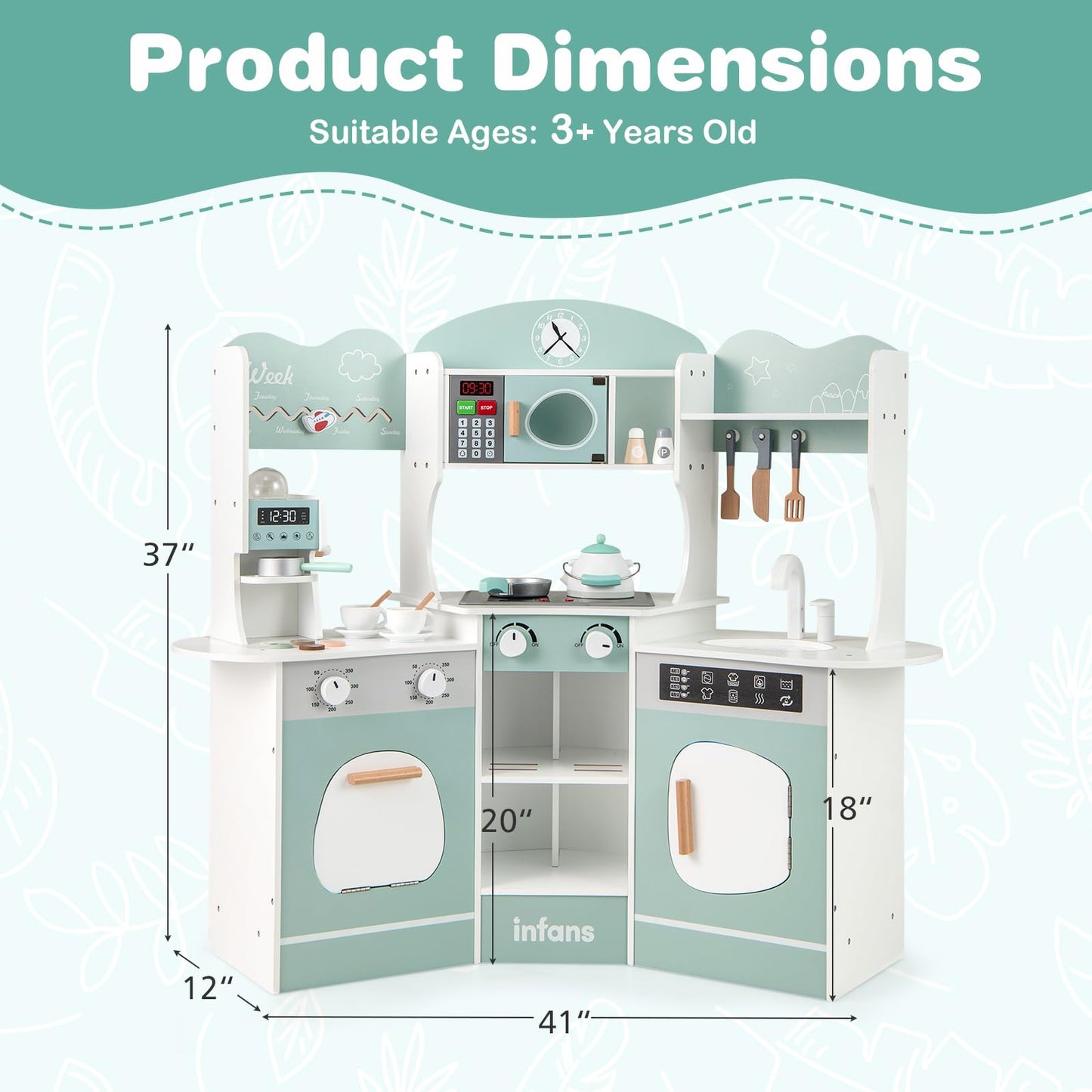 OLAKIDS Corner Kids Kitchen Playset, Toddler Wooden Pretend Cooking Set with Lights Sounds Coffee Machine Washing Machine