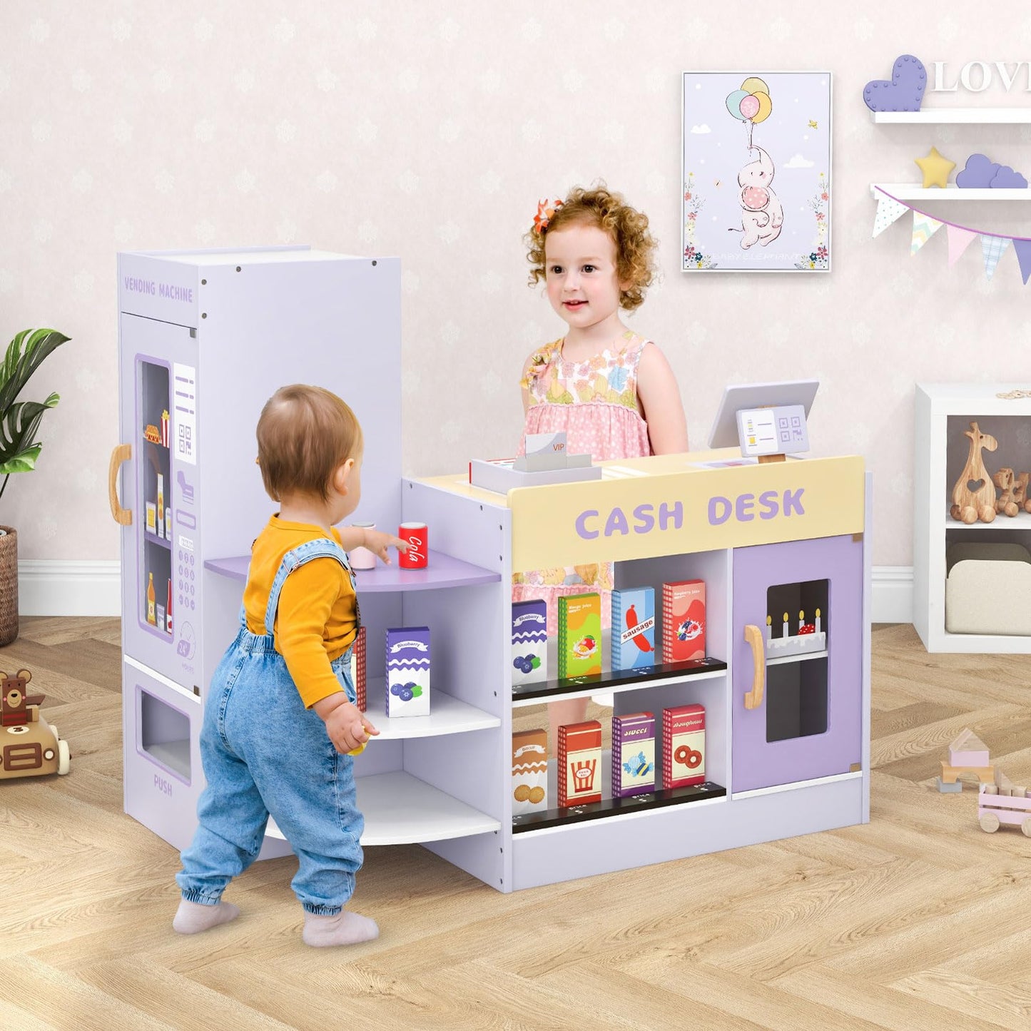 OLAKIDS Kids Grocery Store Playset, Wooden Supermarket Toy Set with Cash Register, Vending Machine, Pretend Play Store