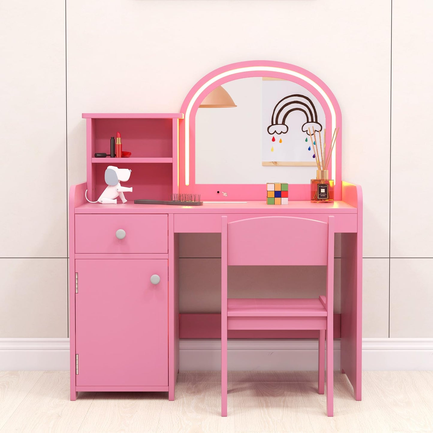 OLAKIDS Kids Vanity, Princess Makeup Desk and Chair Set with Lights Mirror, Pretend Play Vanity Set for Toddler Girls