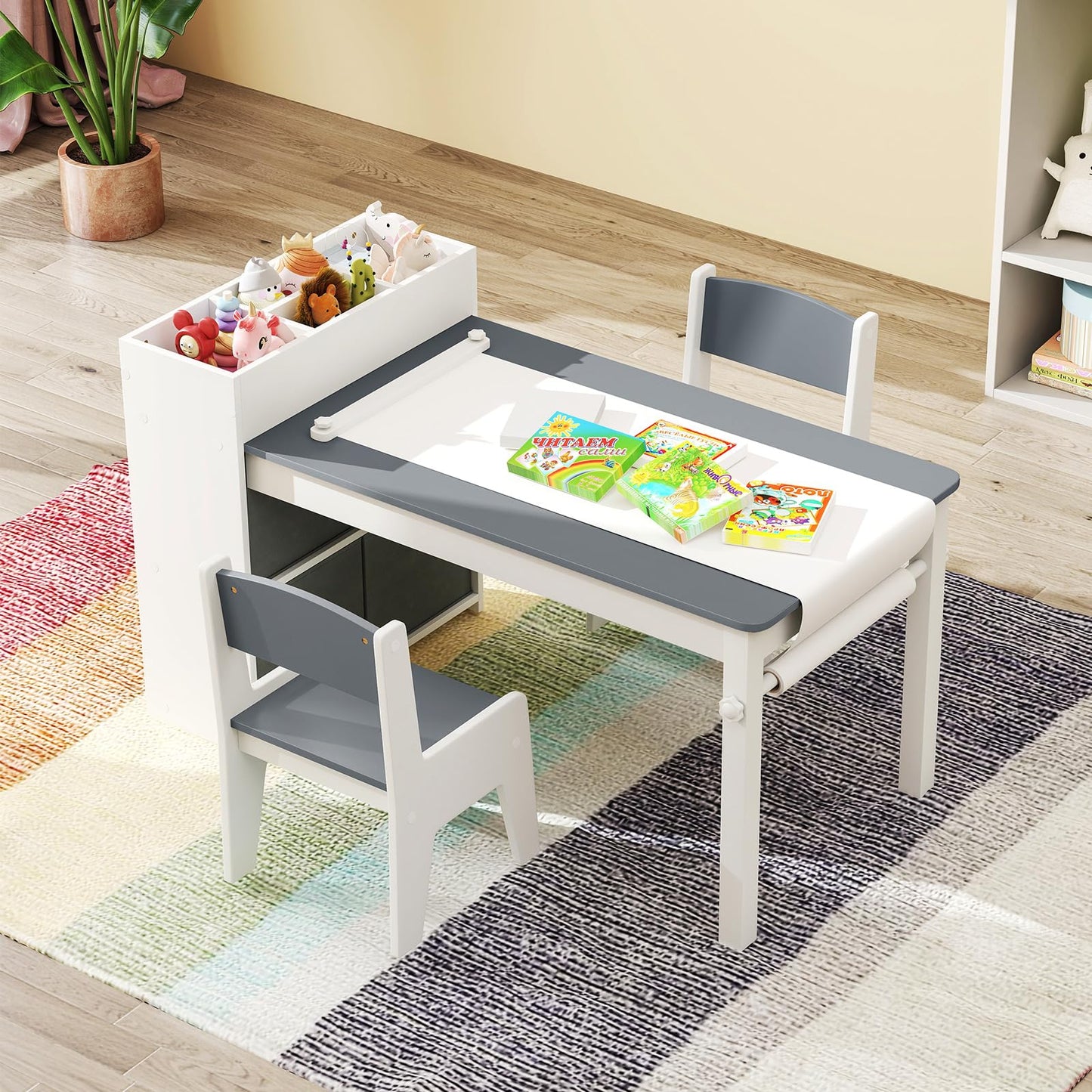 OLAKIDS Kids Table and Chair Set, Toddler Art Craft Play Wood Activity Desk with 2 Chairs 4 Storage Canvas Bins Paper Roll