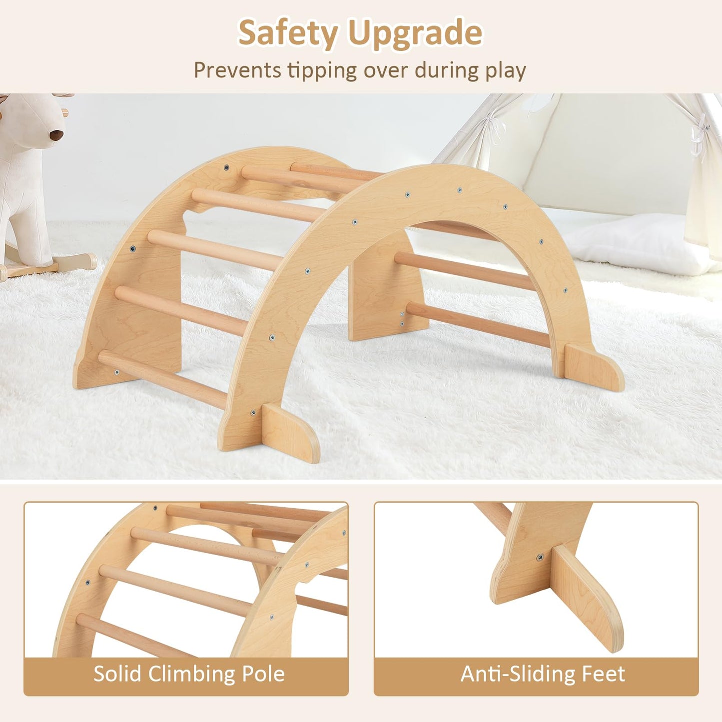 OLAKIDS Wooden Arch Climber Rocker with Soft Cushion, 6 in 1 Montessori Climbing Toys for Toddlers, Gym Playset Gift for Kids