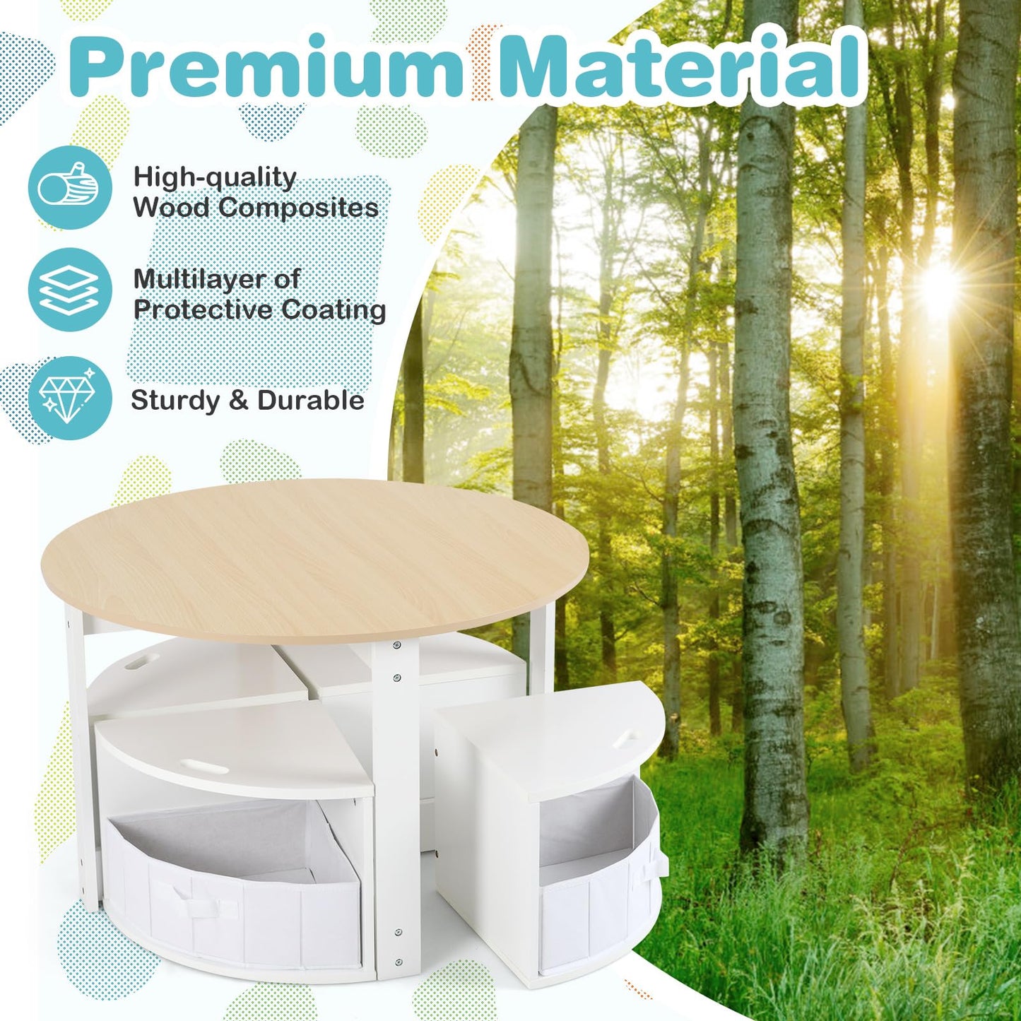 OLAKIDS Toddler Table and Chair Set, Wooden Table and 4 Chairs with Nesting Design, Children Multi-Activity Table