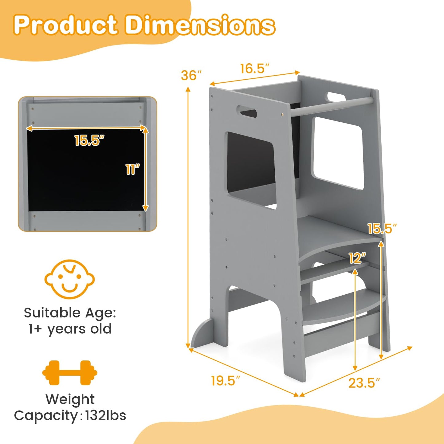 OLAKIDS Toddler Standing Tower, Kids Montessori Kitchen Step Stool Helper with 2 Adjustable Height Learning Blackboard Safety Rail
