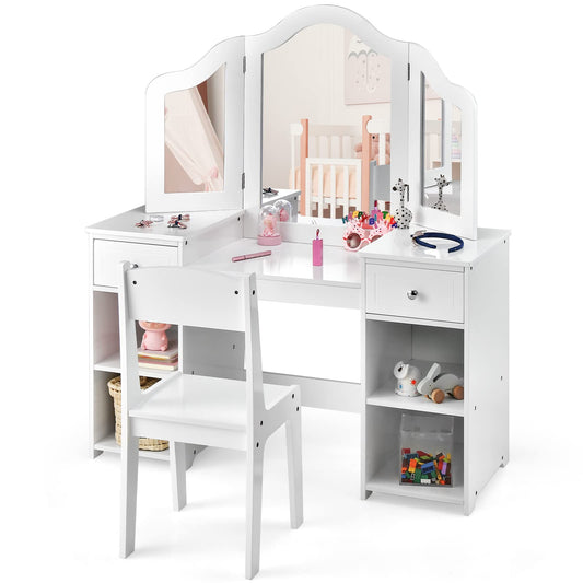 OLAKIDS Kids Vanity, 2 in 1 Princess Makeup Desk and Chair Set with Drawers Tri-Folding Detachable Mirror Large Storage Shelves