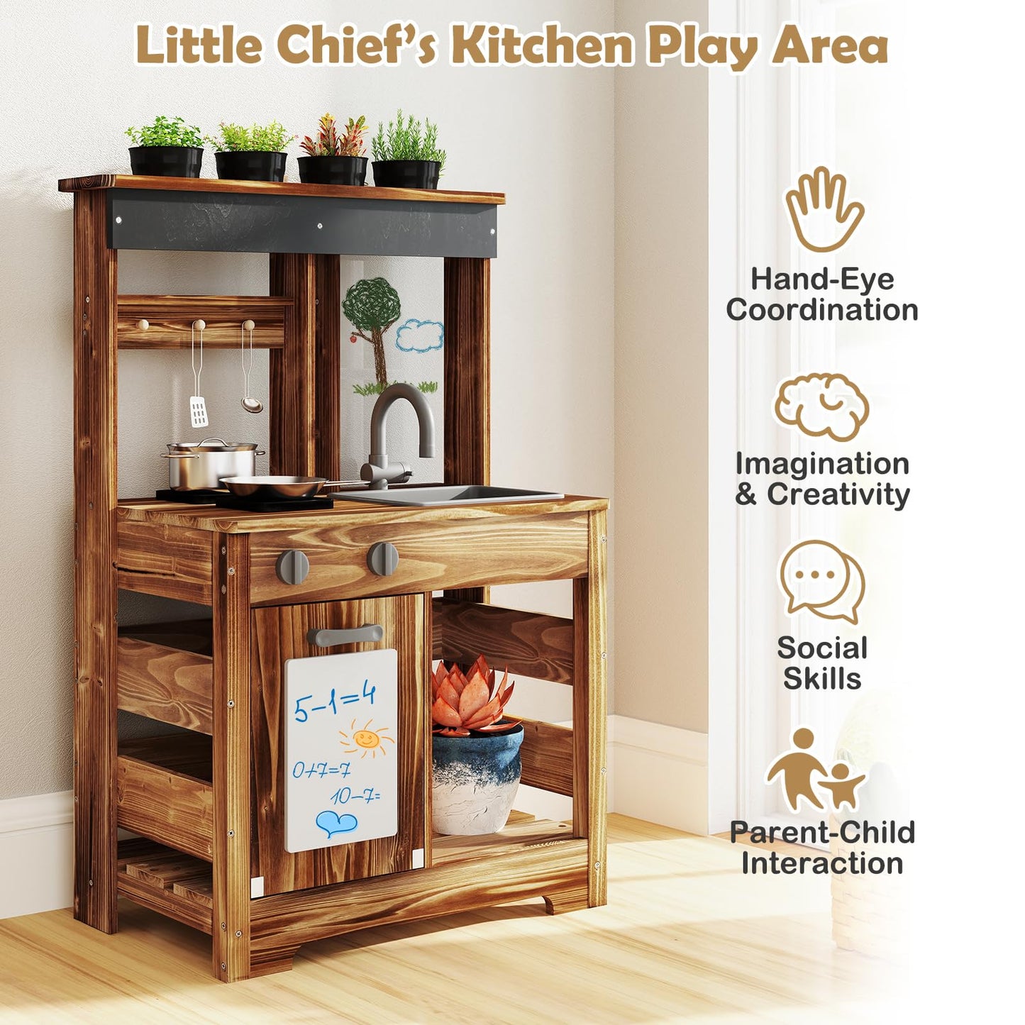 OLAKIDS Mud Kitchen, Outdoor Play Kitchen with Drawing Board, Cooking Accessories, Wooden Kids Kitchen Playset