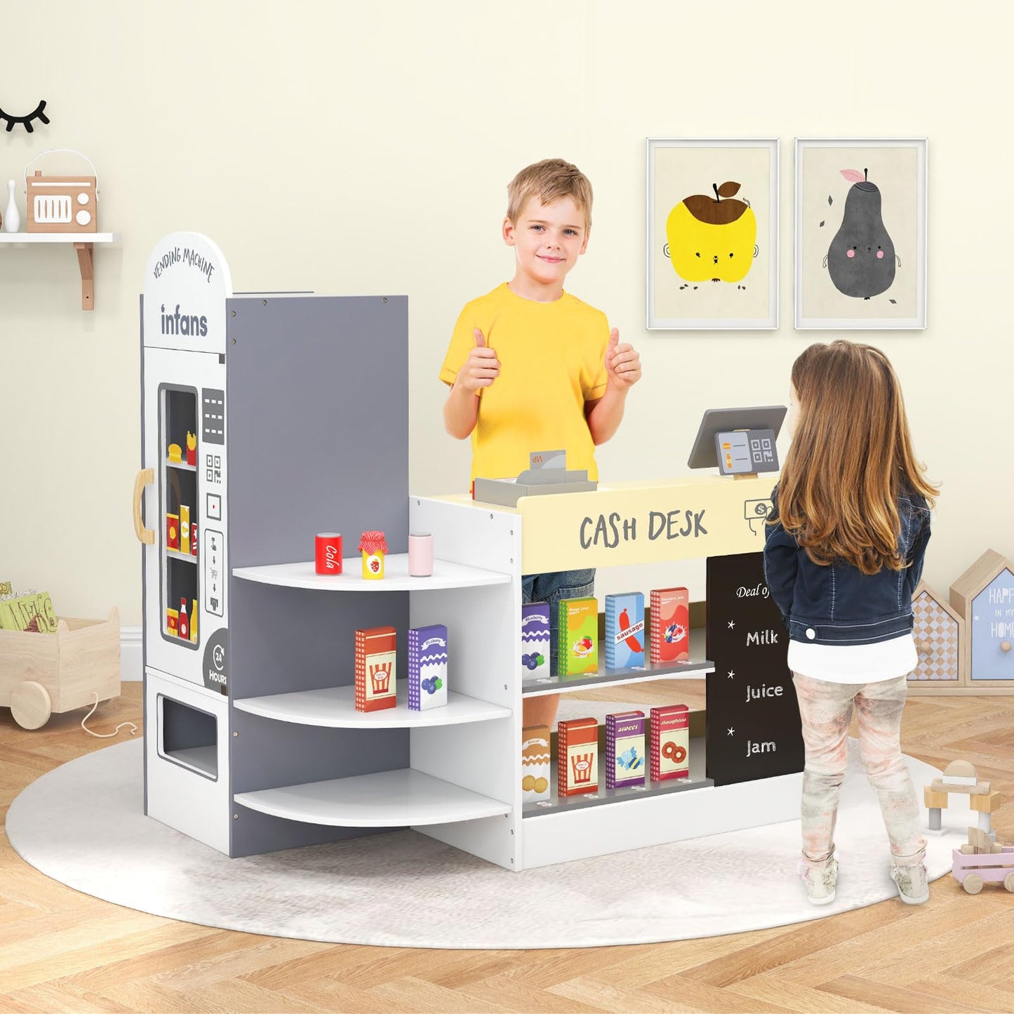 OLAKIDS Kids Grocery Store Playset, Wooden Supermarket Toy Set with Cash Register, Vending Machine, Pretend Play Store
