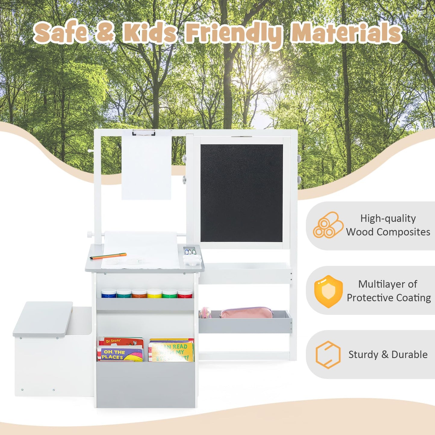 OLAKIDS 3 in 1 Kids Art Table and Chair Set, Toddler Wood Activity Desk with Double-Sided Easel, Children Furniture