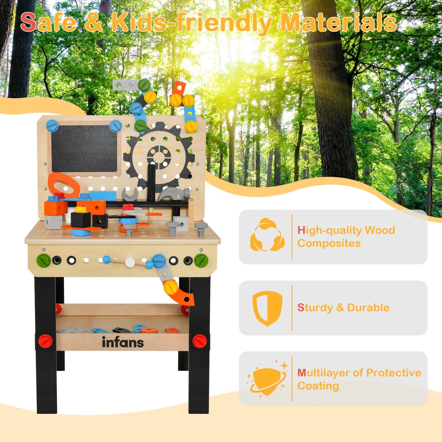 OLAKIDS Tool Bench Set for Toddlers, Kids Wooden Workbench with Blackboard Construction Building Tools and 75 Accessories