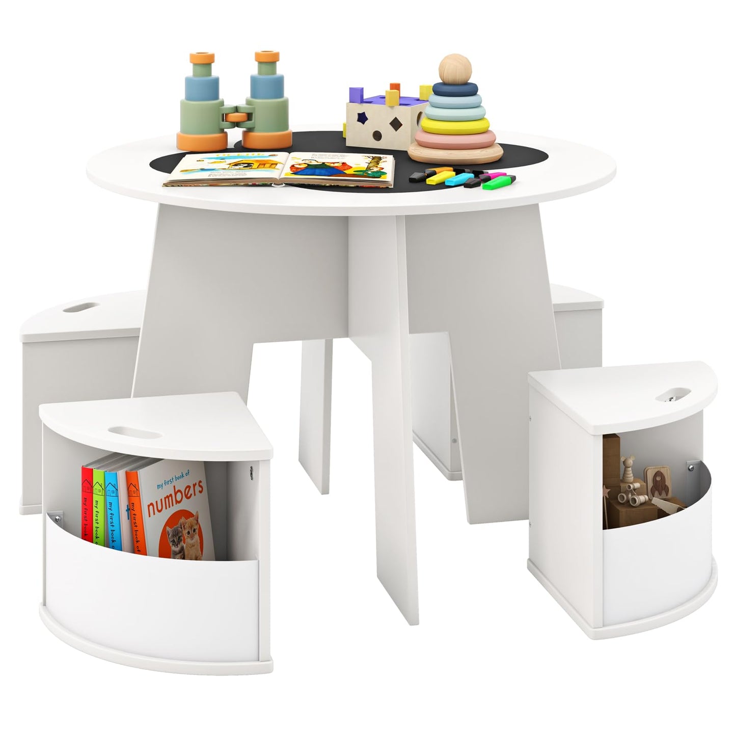 OLAKIDS Toddler Table and Chair Set with 4 Storage Stools, Wooden Flower Shaped Nesting Table with Blackboard Drawers